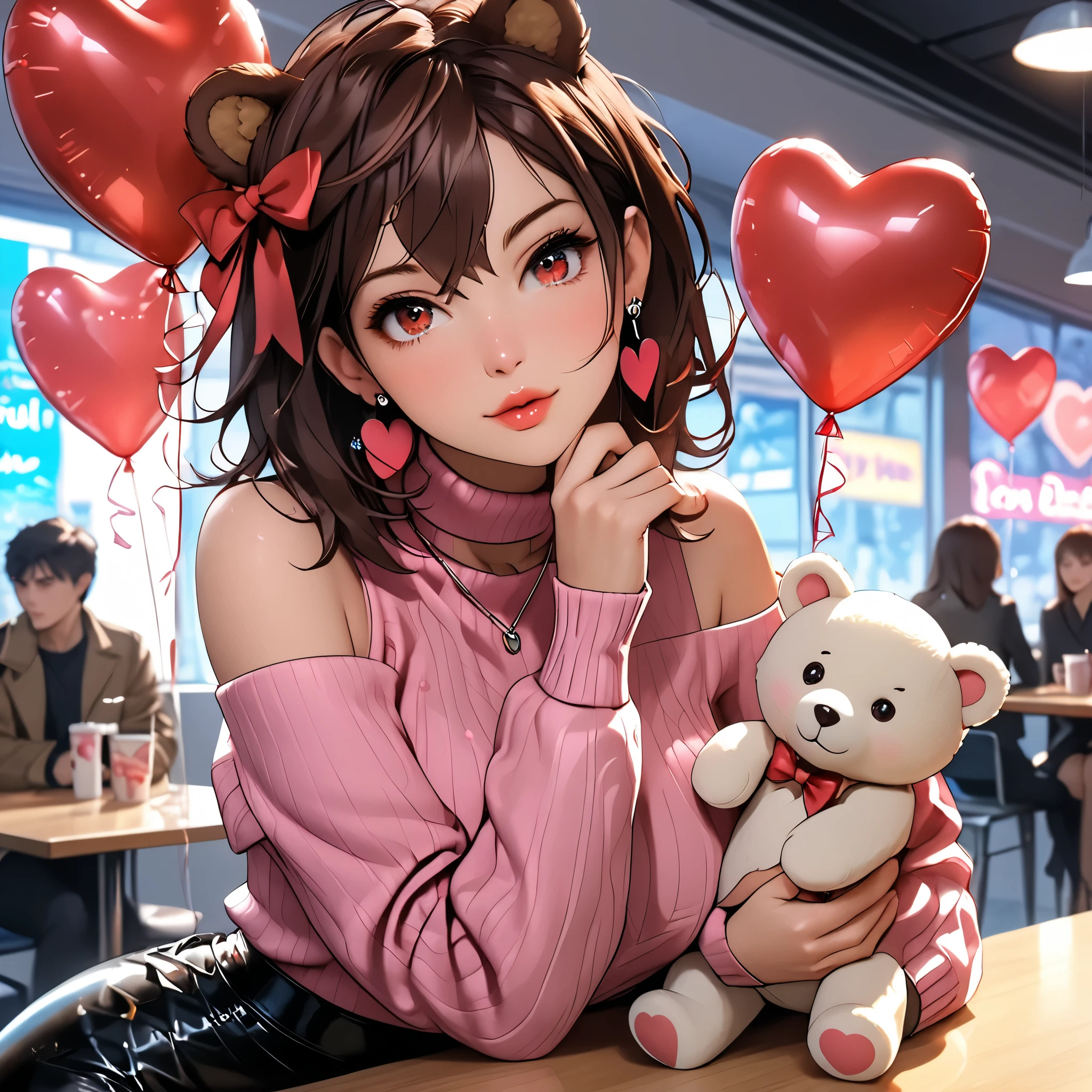 (beautiful girl:1.3),1girl,masterpiece,Highest quality,Ultra-high resolution,rich contrast,super high quality,8k,Highly detailed CG unit wallpaper,texture,Incredibly absurd,Ultra-high resolution,Highest quality anime,professional photograph,an extremely delicate and beautiful,RAW Photos,Depth of Field 1.2,ultra-detailed eyes,Glitter Effect,Beautiful glossy lips, 25years old, gorgeous legs, noise perfect, gorgeous ass, dynamic pose, sensual woman, seductive woman, mature woman, Milf, maternal, shy look, full body, (type of photo: medium shot, portraying the person from head to waist), ayase_momo, red eyes, brown hair, short hair, pendant earrings, choker, Momo Ayase (Dandadan),ayase_wz, medium hair, brown hair, brown eyes, large breasts, Setting: A fair with neon lights, She is holding a teddy bear with a red bow and several heart balloons float around her. Her eyes reflect love and sweetness, Outfit: An oversized burgundy sweater with a turtleneck, leather leggings and tall black boots. Accessories: Wool gloves, a scarf in pink tones and a knitted hat with a pompom. Hair and makeup: natural makeup with a little highlighter and raspberry lips. in a cafeteria decorated with garlands of hearts,