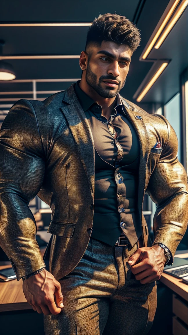 (mid_shot:1.3),(1 male:1.2),(muscle man:1.1),(frontal illumination:1.2),with a silver pants body and glitters with lights above,extreme iridescent reflection,in the style of vray tracing,vibrantmanga,shiny/ glossy,rococo pastel,fluid form,tinycore,fluid impressions,vray,machine aesthetics,yanjun cheng,silver,shiny eyes,fluidform.,the young warrior,male characteristics, detailed bulge, vpl, beard, bulge, nice bulge