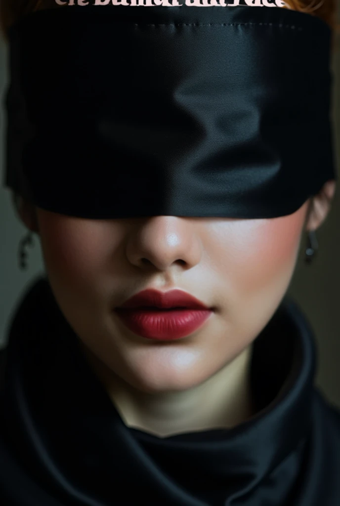 Beautiful woman blindfolded with black silk, Shot in the style of fashion photographer Hedi Slimane. The background is an abstract composition made entirely of black fabric. Her lips are painted with bright lipstick.Scattered Pearls--AR 3:4 --1000