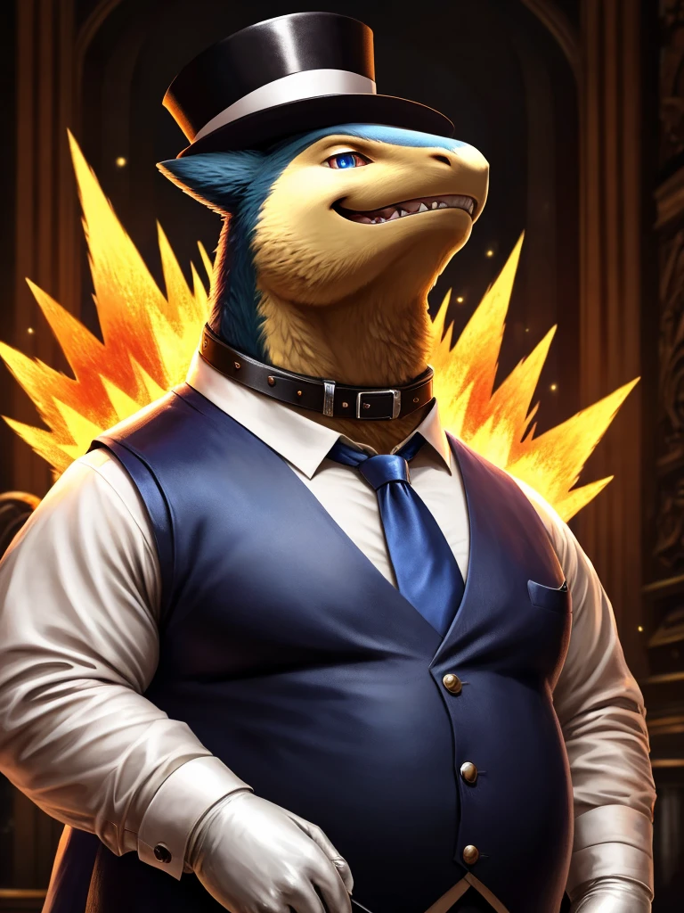 Solo, Male, fat, extremely obese, gentleman, dapper Professor Typhlosion, blue eyes, (posing:1.3), (soft shading), 4k, hi res, ((detailed face, detailed)), looking at viewer, mouth wide open, steampunk, dapper clothing, collared shirt with buttons, top hat, male focus, Explorer Outfit, glasses, monocle, vest with buttons, sleeves-rolled-up, round eyewear, brown headwear, brown vest, office, Typhlosion is wearing a glossy leather dog collar around the neck, Typhlosion is wearing the leather collar and shirt and vest at the same time, Typhlosion is wearing glossy white rubber gloves on the hands, wearing white rubber gloves on the feet, gloves are rubber in texture, clenching teeth, clenching fists, leather collar is glossy and shiny with a lot of detail, Typhlosion is wearing gloves and leather collar at the same time, leather collar has a round dog-tag, leather collar is thick and detailed, leather collar is glossy and shiny, fancy clothing, dapper vest, dapper shirt, leather collar is thick, glossy leather collar, leather collar is thick and glossy.