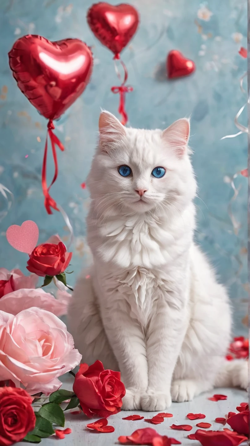 A charming and fluffy cat with large, expressive eyes sits at the center of a Valentine's Day scene. The feline is adorned with a heart-shaped collar and a tiny Cupid’s bow and arrow, playfully held in its paws. Surrounding the cat are Valentine’s Day elements: red and pink roses, heart-shaped chocolates, and floating heart balloons. The background features a soft, romantic glow with a red-pink-white color scheme, evoking warmth and love. Delicate ribbons and lace add an extra touch of elegance, making the image feel festive and endearing. high realistic 
High Resolution, Masterpiece, High Resolution,best Quality, Super Detailed, High Details, Quality, High Quality, 8K  Futurism, Surrealism, 