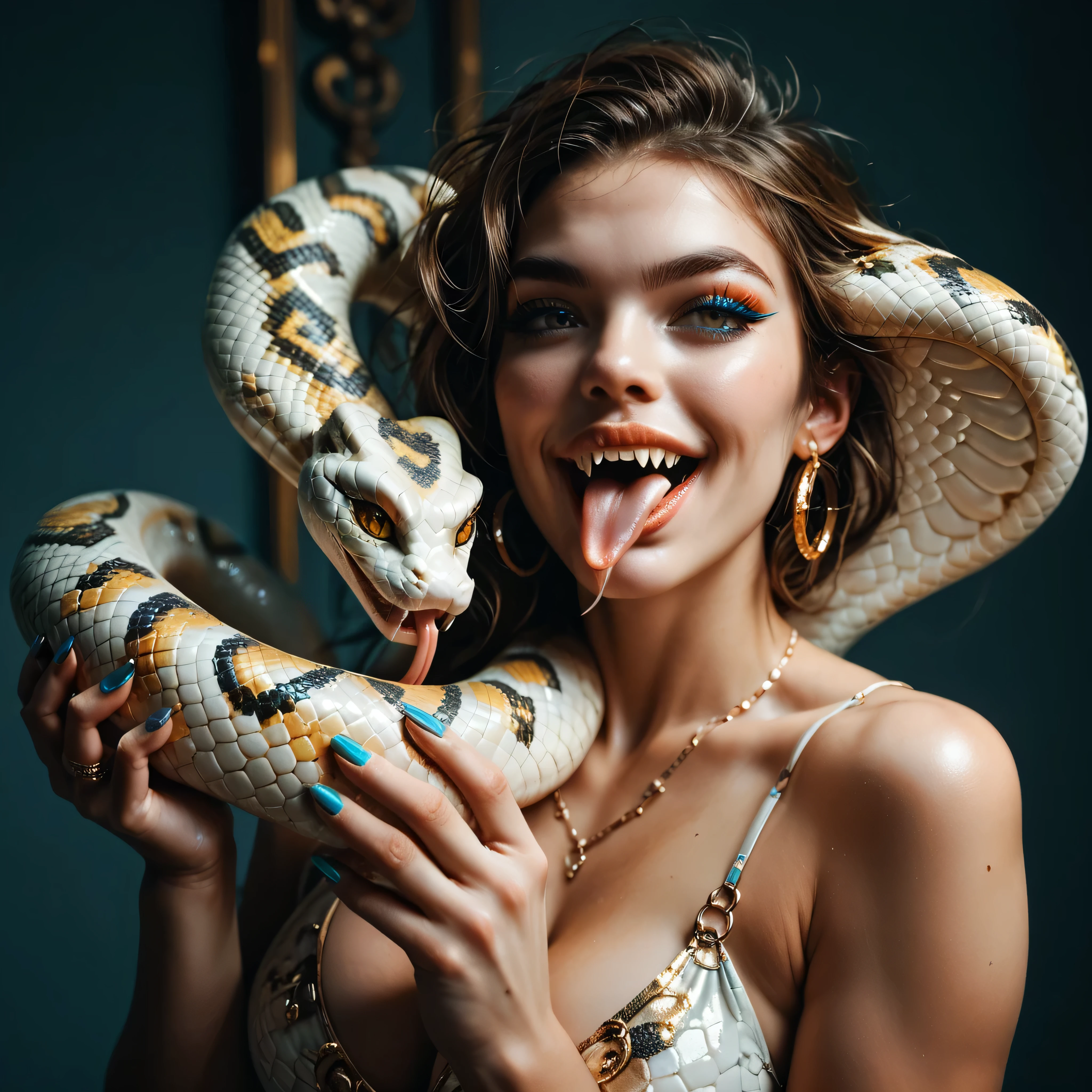 beautiful sexy woman, holding menacing snake with huge fangs, snake striking glans of extremely small penis