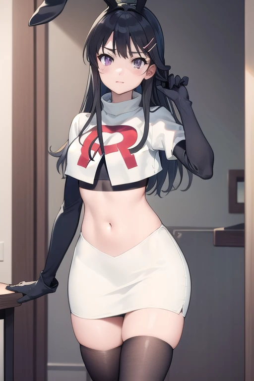 yuukikonno, yuuki konno, hairband, long hair, pointy ears, purple hair, (red eyes:1.5), (small breasts:1.2),
BREAK team rocket,team rocket uniform,white skirt,red letter R,crop top,black thigh-highs,black elbow gloves,
BREAK looking at viewer,
BREAK outdoors, forest, nature,
BREAK (masterpiece:1.2), best quality, high resolution, unity 8k wallpaper, (illustration:0.8), (beautiful detailed eyes:1.6), extremely detailed face, perfect lighting, extremely detailed CG, (perfect hands, perfect anatomy),