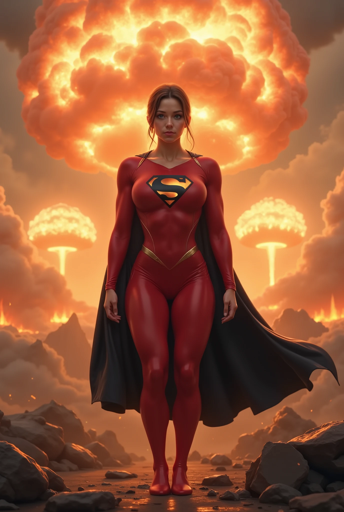 (INCREDIBLE DETAILS AND TEXTURES. ![Nuclear Supergirl](A powerful young woman stands defiantly in a post-apocalyptic landscape, her RED NUCLEAR RADIATION INFUSED candy apple red leotard gleaming against the burnt orange sky. The black 'S' emblem on her chest commands attention, while her black skirt and cape billow dramatically in the radioactive wind. Her eyes glow with intense nuclear energy, ready to unleash devastating atomic beams. Behind her, massive mushroom clouds bloom against the horizon, their distinctive forms silhouetted by the eerie light filtering through the atmospheric haze. Debris swirls around her feet, yet she remains unmoved, a beacon of power amidst the devastation. The scene is rendered in crystal-clear 4K detail, capturing every fold of her costume and the complex interplay of light and shadow across the wasteland. Her confident pose and determined expression suggest both tremendous power and absolute control, a superhuman protector for a world on the brink.)