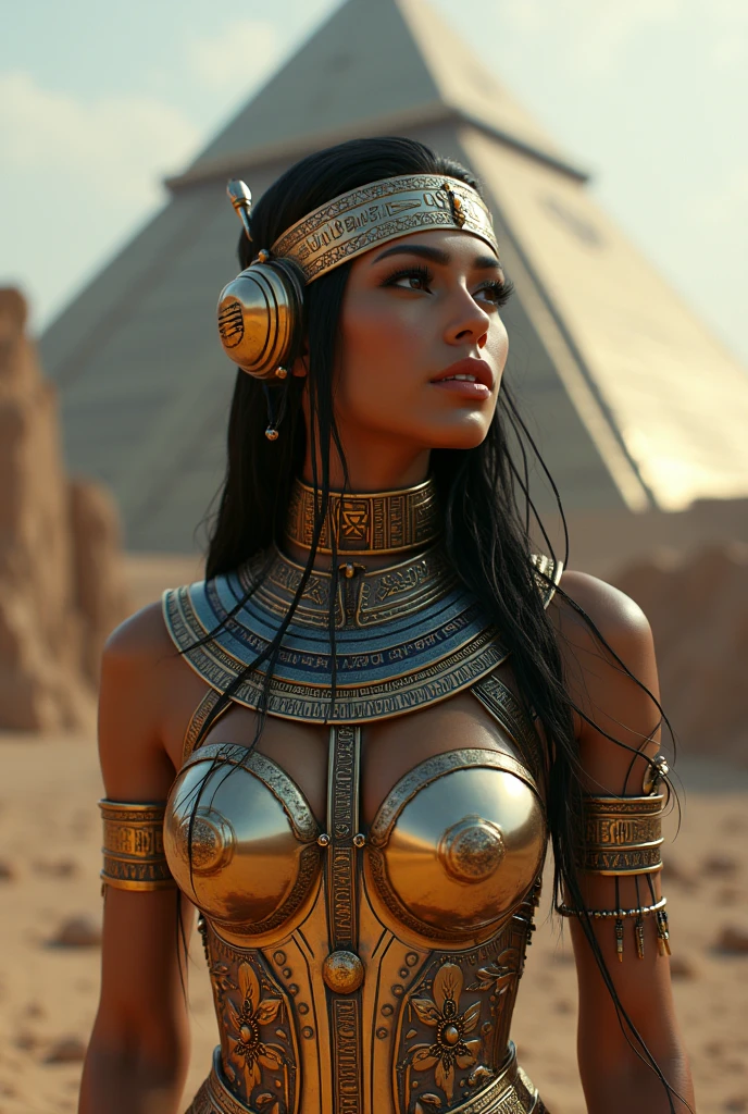 Square album cover, electronica, compilation album, female dj, face obscured, chilled out beats, abstract patterns, futuristic ancient Egyptian elements, Cyberpunk 2077 colors but not as dark, Russian constructivist influence, the sun, science-related ideas, abstract statues