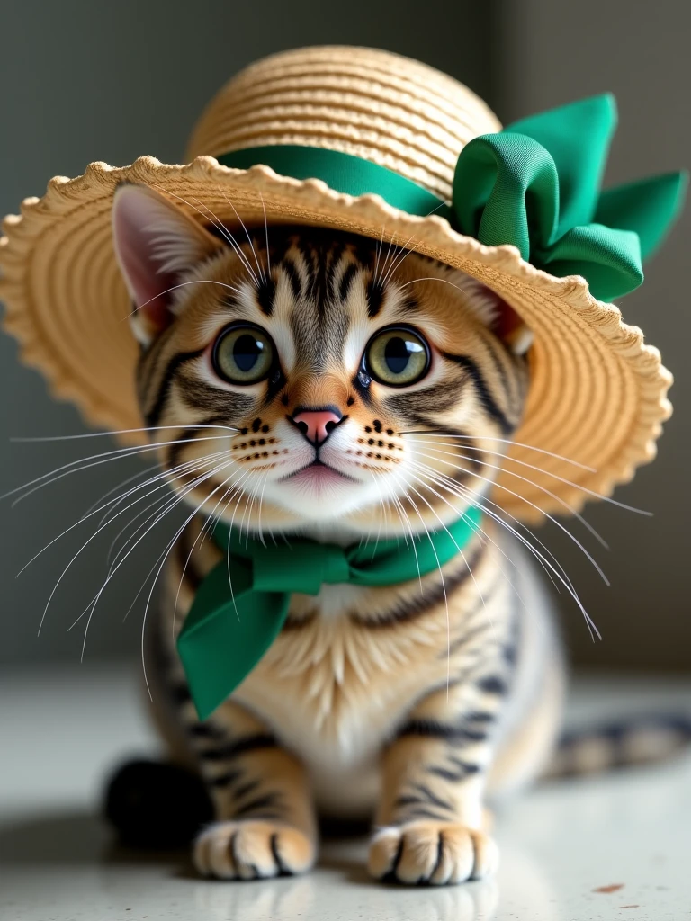 Super photorealistic image of a cat wearing a straw hat and an emerald ribbon on the hat