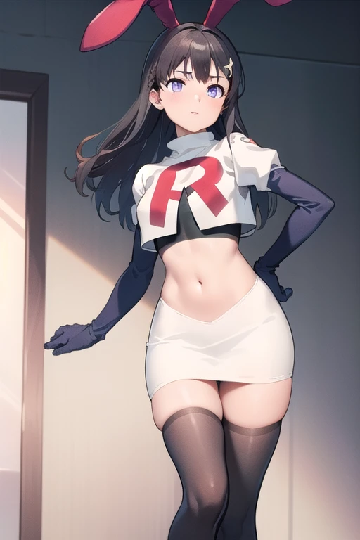 uidef, team rocket,team rocket uniform,white skirt,red letter R,crop top,black thigh-highs,black elbow gloves, looking at viewer, moody lighting, facing viewer,expressionless,sanpaku,