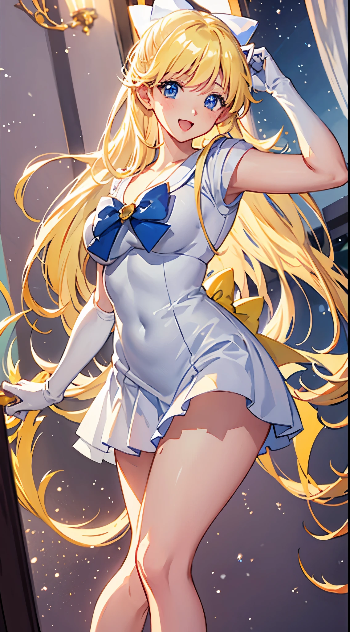 1boy and 1girl, Angle from the front, Angle from below:1.8, (Moonlit night)、(On the roof of a building)、thighs、(shiny White skin:1.6)、blue eyes, ((Slim figure)), ( girl), (evil grin), (Shiny blonde hair)、Long hair, (forehead), Blue ribbon on chest, Big red ribbon, ((Sailor Venus))、Sailor suit、Orange pleated mini skirt、touching penis, ((handjob)), 1penis, under hair, scrotum、((eject cum)), (handjob)、((Amazon Position)), (The boy has his legs open)、(The girl rapes the boy),