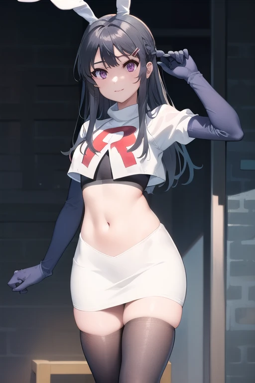 akiratachibana, akira tachibana, long hair, bangs, black hair, (purple eyes:1.1),
BREAK ponytail, team rocket,team rocket uniform,white skirt,red letter R,crop top,black thigh-highs,black elbow gloves
BREAK looking at viewer,
BREAK (masterpiece:1.2), best quality, high resolution, unity 8k wallpaper, (illustration:0.8), (beautiful detailed eyes:1.6), extremely detailed face, perfect lighting, extremely detailed CG, (perfect hands, perfect anatomy),