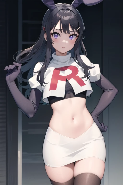 (masterpiece, best quality:1.2),illustration,8k,hd,1girl,solo,black_hair,ponytail,bow,hair_bow,large_breasts,white_bow,very_long_hair,bangs,hair_flaps,brown_eyes,yellow_eyes,katana,team rocket,team rocket uniform,white skirt,red letter R,crop top,black thigh-highs,black elbow gloves
