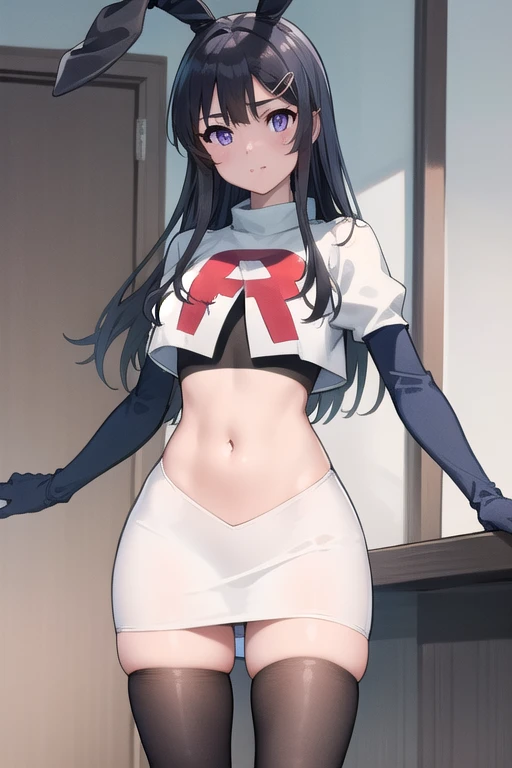 (masterpiece:1.2), best quality, high resolution, MaiSakurajima, 1girl, solo, long hair,bunny ears, black hair, hair ornament, purple eyes, hairclip, team rocket,team rocket uniform,white skirt,red letter R,crop top,black thigh-highs,black elbow gloves