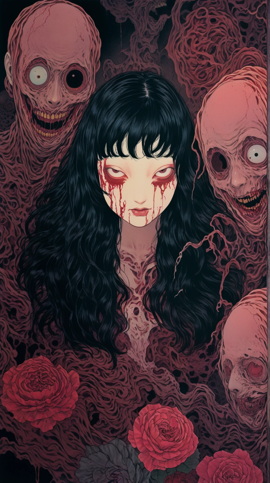 an illustration、until、 posters of horror movies from the 70s, Supervised by Junji Ito 、 High level of detail, realistic shadows 、 analog style , chromatic aberration , Surrealism、complementary gradient , body horror, mutilacion
