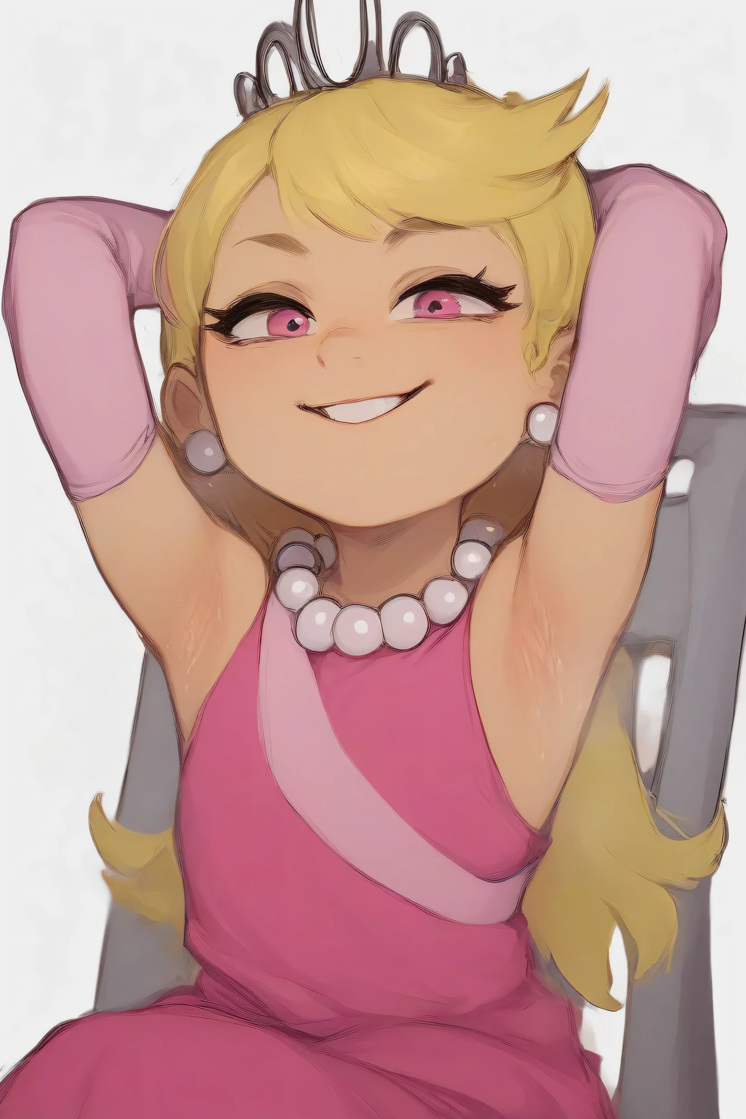 embedding:zPDXL3, rating_safe, source_cartoon, score_9, score_8_up, score_7_up,
white background, simple background, 1girl, solo, upper body, sitting, on chair, teasing, smile , showing armpits, sweaty armpit,
1o1a, blonde hair, tiara, pink eyes, earrings, pearl necklace, pink dress, pink gloves