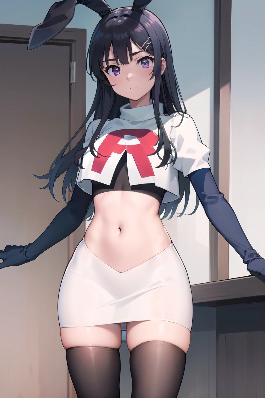 ReiHino, long hair, circlet, jewelry, kizukiAI, mature woman, crescent earrings, team rocket,team rocket uniform,white skirt,red letter R,crop top,black thigh-highs,black elbow gloves, earrings,