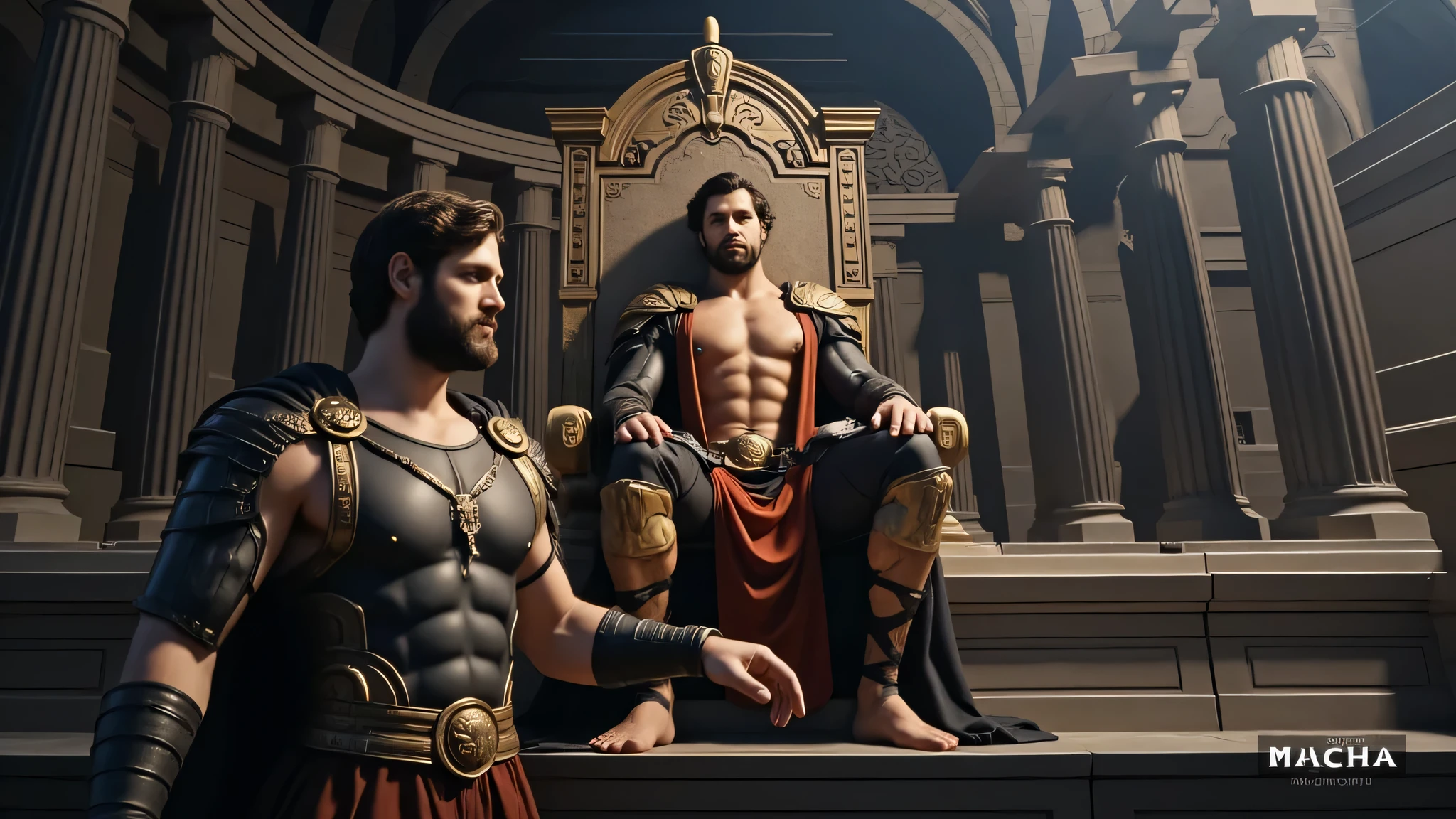 Realistic style, cinematic photography like a dark fantasy film from the 80s. Hercules, in ancient Greek warrior attire, listening to the orders of King Eurystheus. The king is seated above on his throne, looking authoritative. Hercules stands below, showing a mix of respect and determination. The background is detailed, with ancient Greek architecture and decorations, giving the scene an epic and dramatic atmosphere.