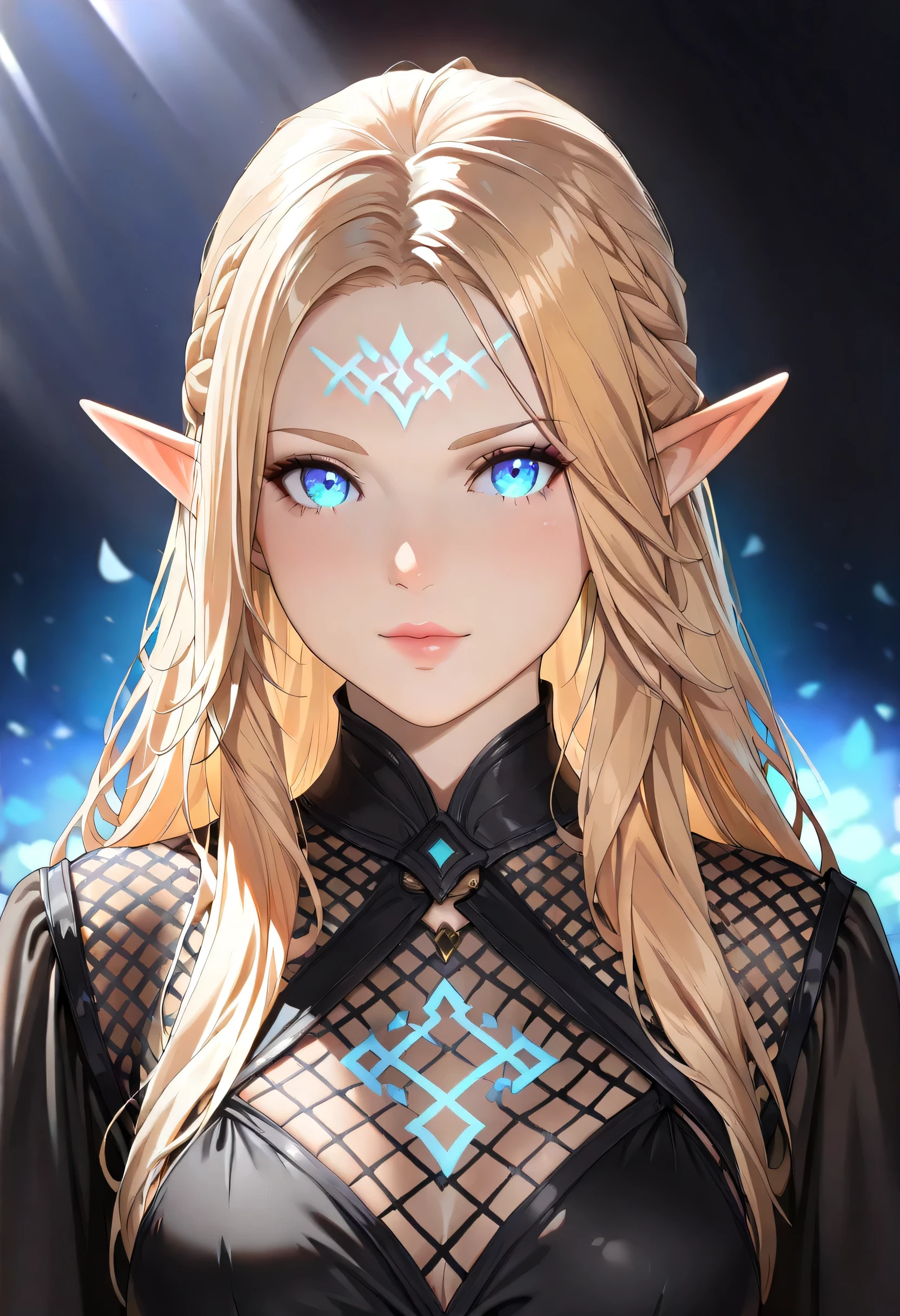 dark fantasy art, a picture of a fantasy, beautiful female elf, best detailed face,  pale skin, (blond: 1.2) hair, glowing eyes, blue eyes, wearing black dress, silk dress, intricate dress, reflection light, it is night time, the moon is in the sky, a sense awe, might, magical runes. sun rays. high details, best quality, 16k, [ultra detailed], masterpiece, best quality, (extremely detailed), close up, ultra wide shot, photorealistic, RAW, fantasy art, dnd art, fantasy art, realistic art,((best quality)), ((masterpiece)), (detailed), perfect face, fantasy, Glowing Runes