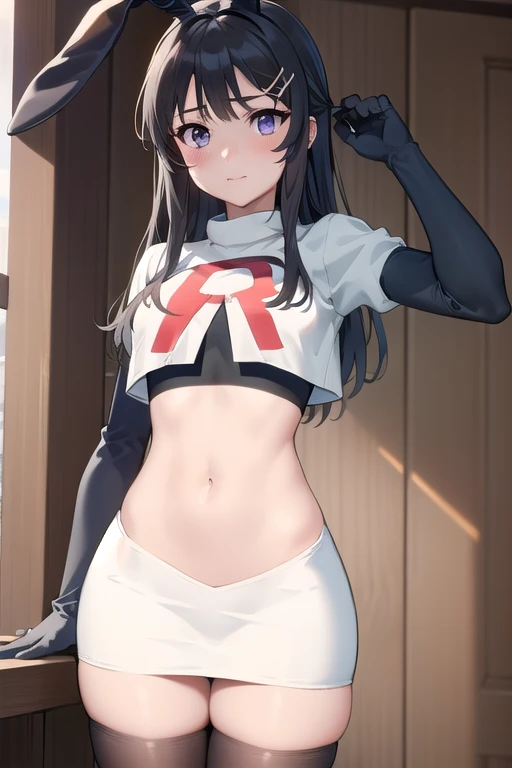 (masterpiece:1.2), best quality, high resolution, MaiSakurajima, 1girl, solo, long hair,bunny ears, black hair, hair ornament, purple eyes, hairclip, team rocket,team rocket uniform,white skirt,red letter R,crop top,black thigh-highs,black elbow gloves