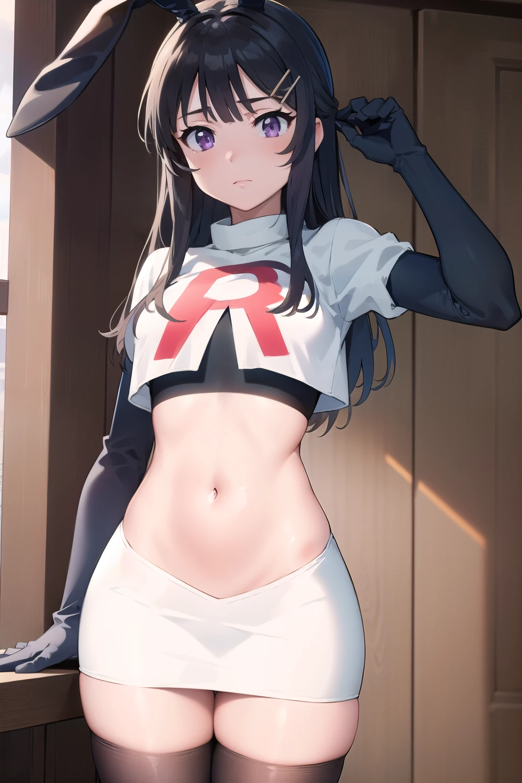 masterpiece, detailed, high quality, absurdres, onigiri1, 1girl, solo, oni horns, small breasts, curvy, cowboy shot, team rocket,team rocket uniform,white skirt,red letter R,crop top,black thigh-highs,black elbow gloves,