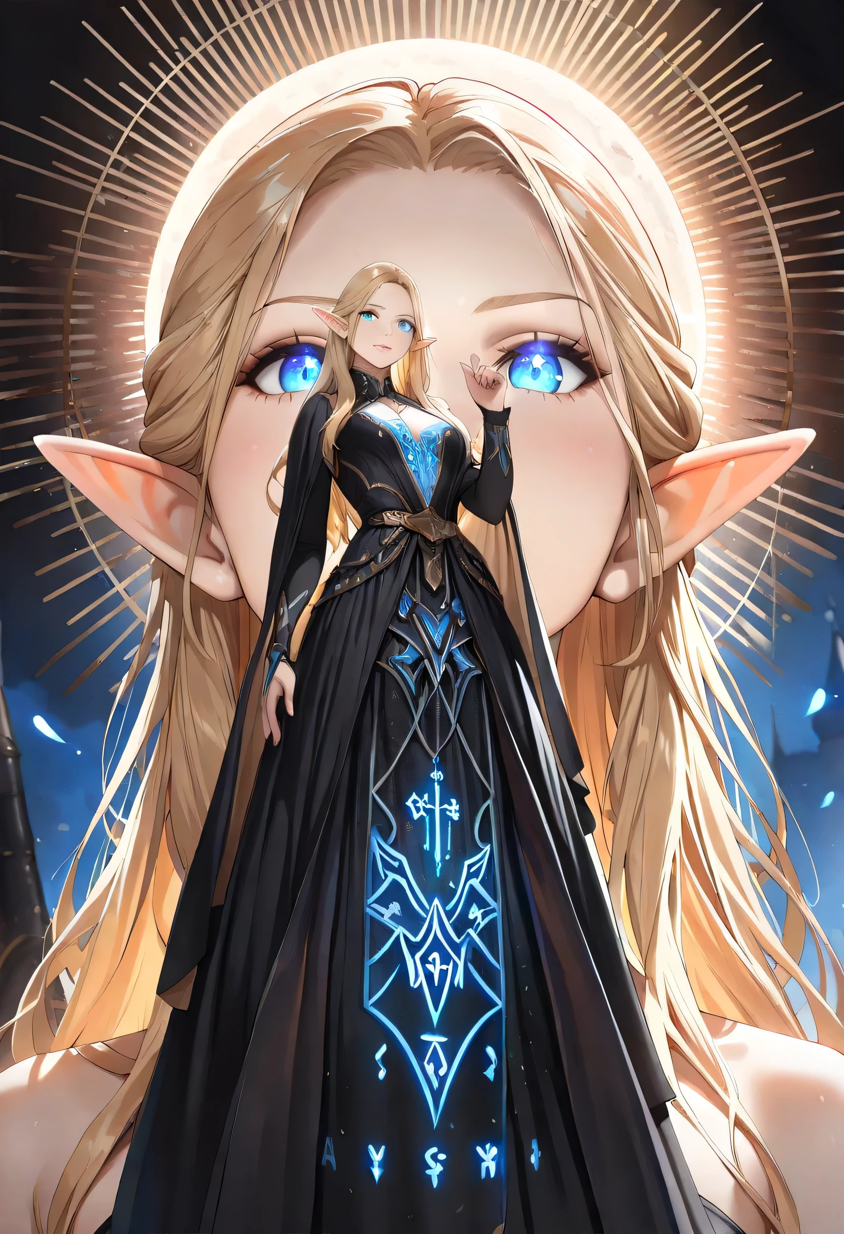 dark fantasy art, a picture of a fantasy, beautiful female elf, best detailed face,  pale skin, (blond: 1.2) hair, glowing eyes, blue eyes, wearing black dress, silk dress, intricate dress, reflection light, it is night time, the moon is in the sky, a sense awe, might, magical runes. sun rays. high details, best quality, 16k, [ultra detailed], masterpiece, best quality, (extremely detailed), close up, ultra wide shot, photorealistic, RAW, fantasy art, dnd art, fantasy art, realistic art,((best quality)), ((masterpiece)), (detailed), perfect face, fantasy, Glowing Runes