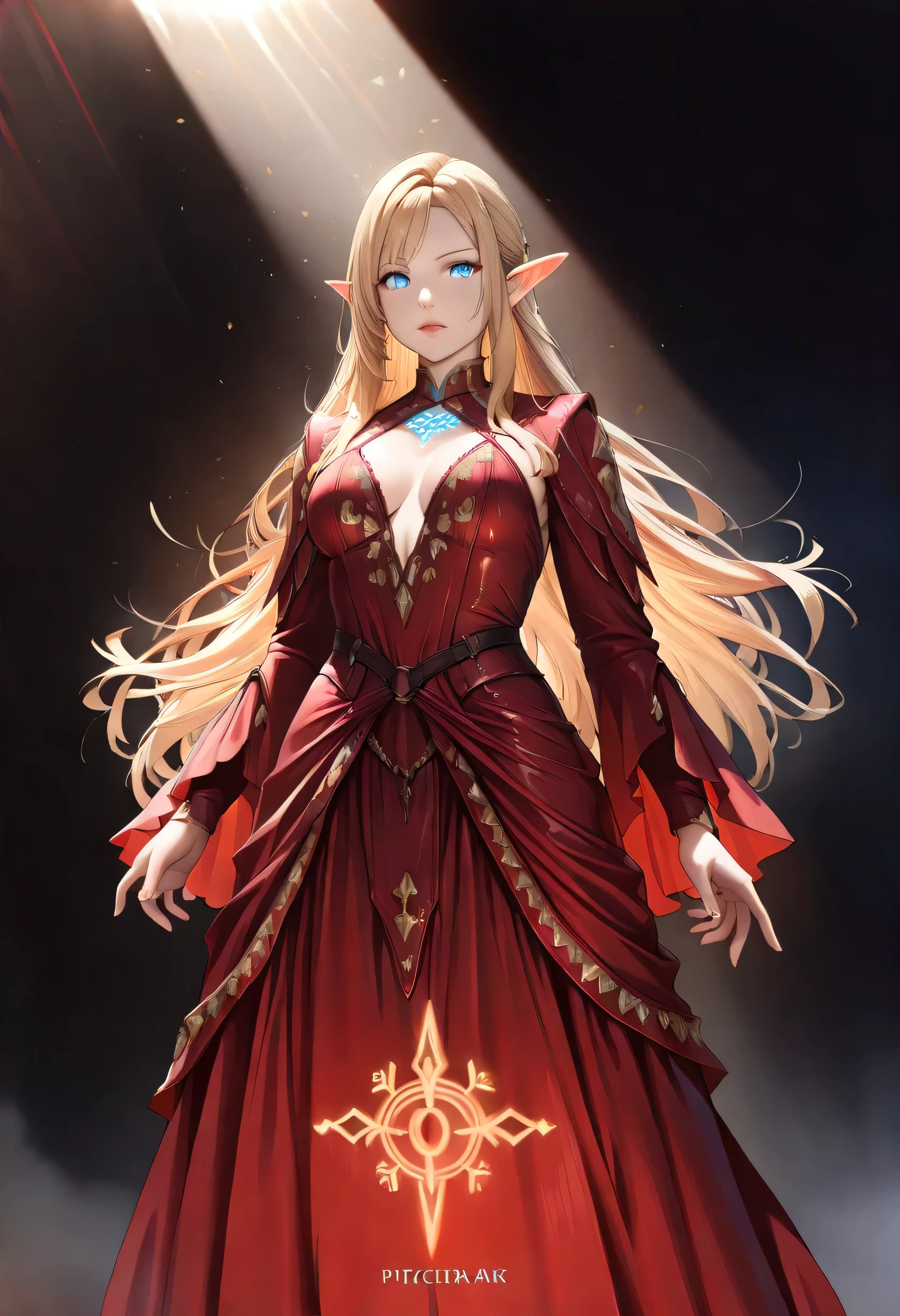 dark fantasy art, a picture of a fantasy, beautiful female elf, best detailed face,  pale skin, (blond: 1.2) hair, glowing eyes, blue eyes, wearing dark red dress, silk dress, intricate dress, reflection light, it is night time, the moon is in the sky, a sense awe, might, magical runes. sun rays. high details, best quality, 16k, [ultra detailed], masterpiece, best quality, (extremely detailed), close up, ultra wide shot, photorealistic, RAW, fantasy art, dnd art, fantasy art, realistic art,((best quality)), ((masterpiece)), (detailed), perfect face, fantasy, Glowing Runes