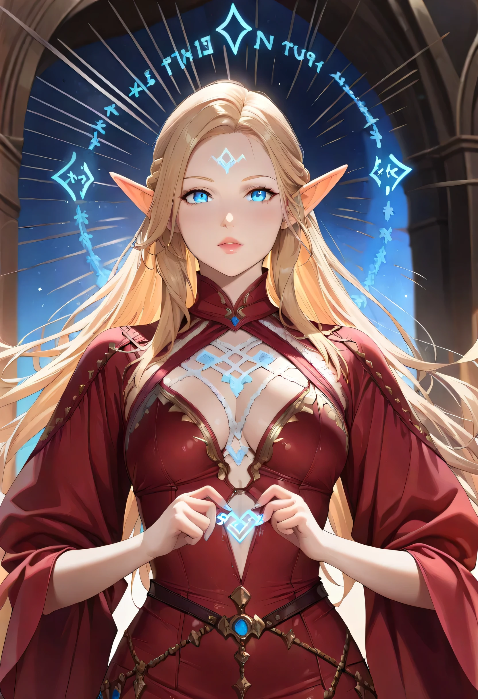 dark fantasy art, a picture of a fantasy, beautiful female elf, best detailed face,  pale skin, (blond: 1.2) hair, glowing eyes, blue eyes, wearing dark red dress, silk dress, intricate dress, reflection light, it is night time, the moon is in the sky, a sense awe, might, magical runes. sun rays. high details, best quality, 16k, [ultra detailed], masterpiece, best quality, (extremely detailed), close up, ultra wide shot, photorealistic, RAW, fantasy art, dnd art, fantasy art, realistic art,((best quality)), ((masterpiece)), (detailed), perfect face, fantasy, Glowing Runes