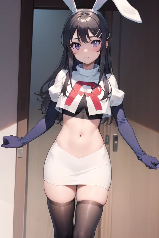 (masterpiece:1.2), best quality, high resolution, MaiSakurajima, 1girl, solo, long hair,bunny ears, black hair, hair ornament, purple eyes, hairclip, team rocket,team rocket uniform,white skirt,red letter R,crop top,black thigh-highs,black elbow gloves