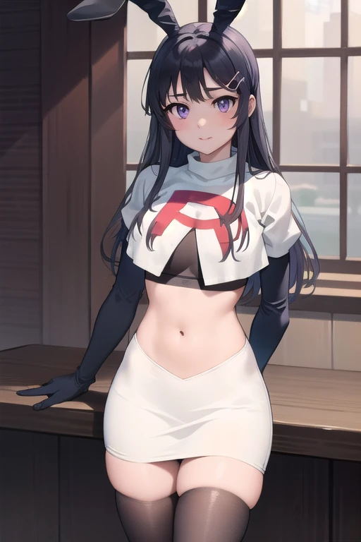 a girl, black hair, (black pupils:1.4), BREAK,big breasts, team rocket,team rocket uniform, red letter R, white skirt,white crop top,black thigh-highs,black elbow gloves