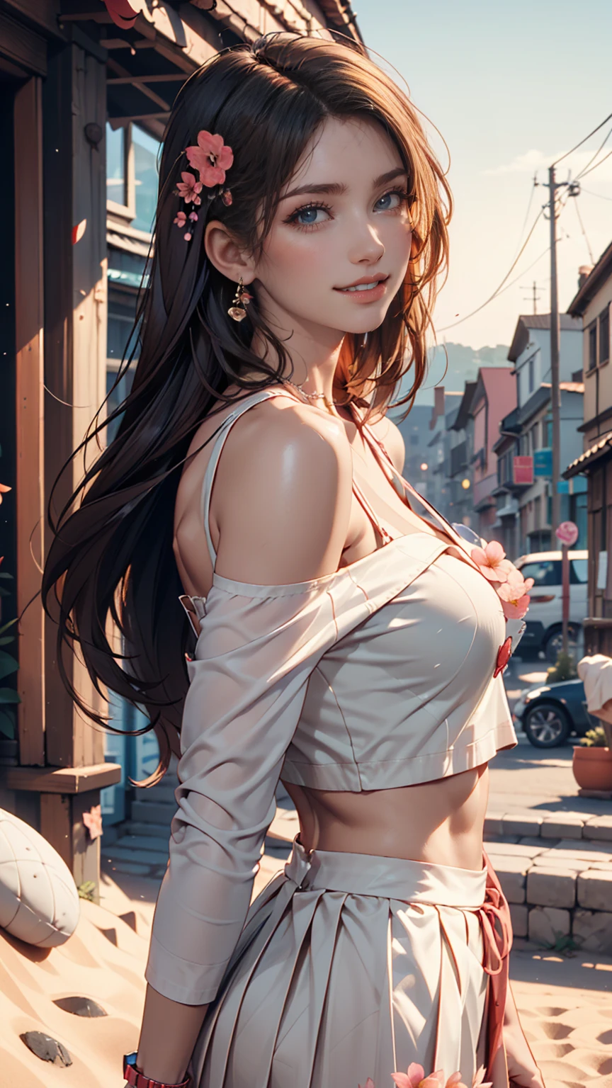 Beautiful woman, Lighted street at night, Fidgeting with smartphones, hot pants, Fragrant pink flowers, Passersby, Night view gradation, Fine details, Subtle Tones, Silence on the screen、24-year-old woman、Sexy proportions、Sexy、Narrow waist