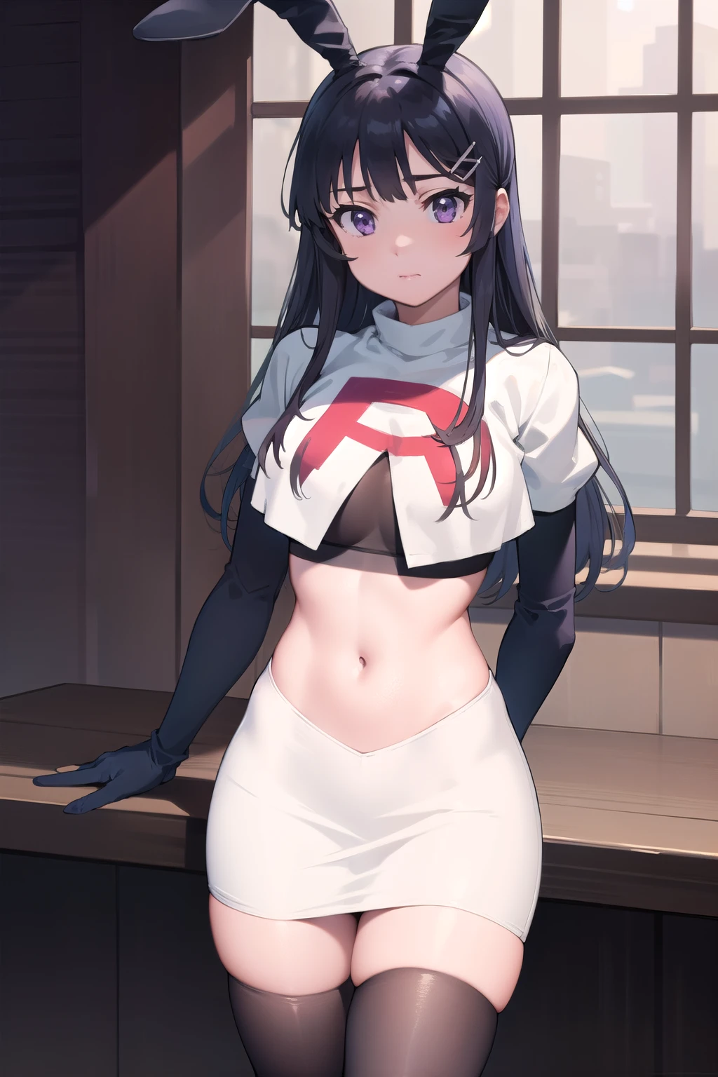 (masterpiece:1.2), best quality, high resolution, MaiSakurajima, 1girl, solo, long hair,bunny ears, black hair, hair ornament, purple eyes, hairclip, team rocket,team rocket uniform,white skirt,red letter R,crop top,black thigh-highs,black elbow gloves