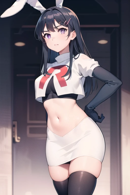 Rio, blue archive, black hair, halo halo, red eyes, face focus, mature female, large breast, head focus,team rocket,team rocket uniform,white skirt,red letter R,crop top,black thigh-highs,black elbow gloves