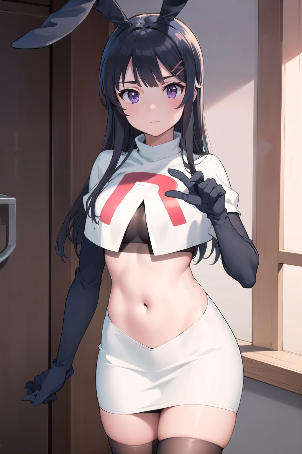 (masterpiece:1.2), best quality, high resolution, MaiSakurajima, 1girl, solo, long hair,bunny ears, black hair, hair ornament, purple eyes, hairclip, team rocket,team rocket uniform,white skirt,red letter R,crop top,black thigh-highs,black elbow gloves