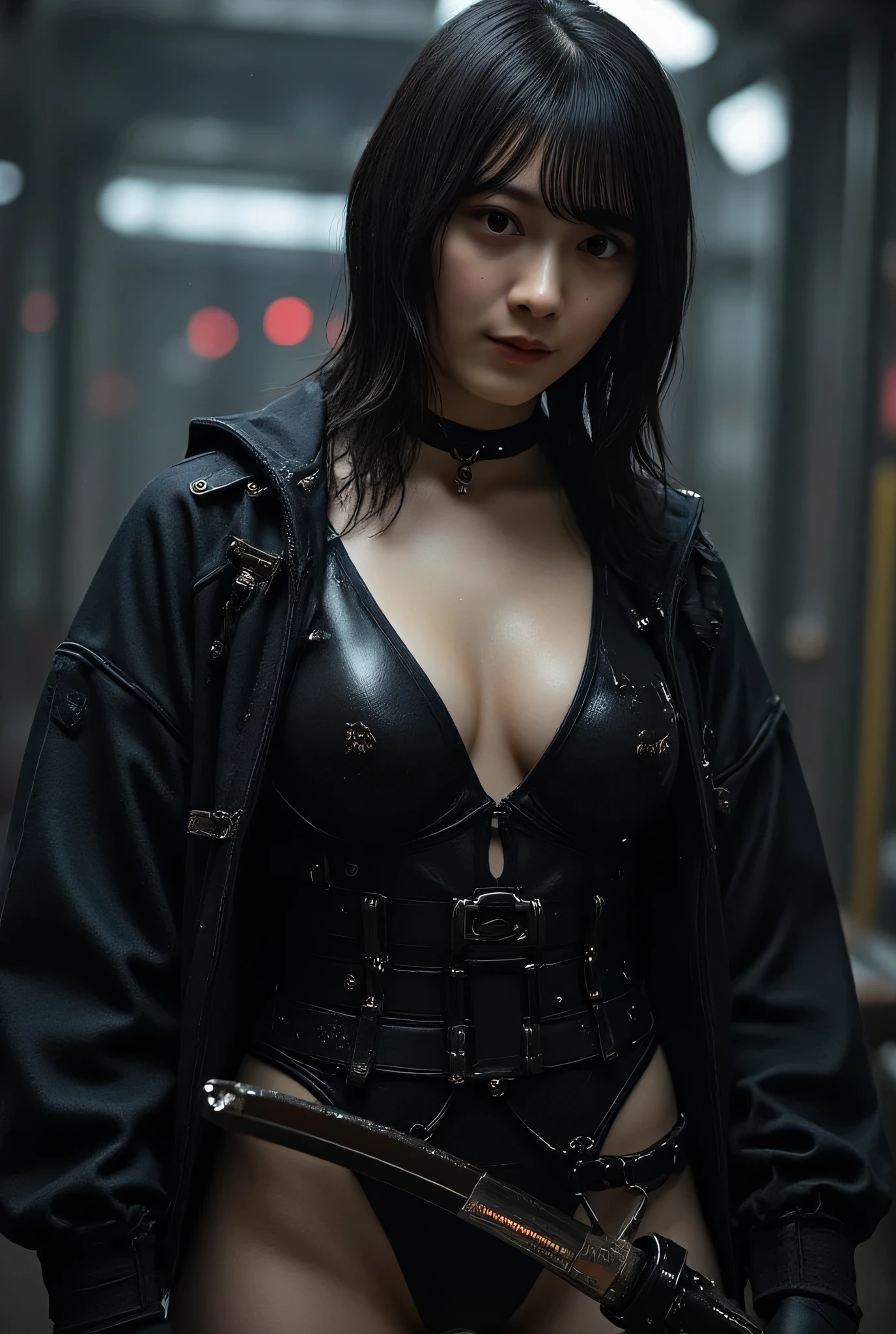 (((The dark interior of the Nostromo ship :2.0))),((( HR Gigger Style Cyberpunk Atmosphere :2.0))),(((Hold a cyberpunk-style Japanese sword:2.0))), standing,((whole body:2.0)), one woman,( cute face),(Beautiful well-balanced face ),(( natural big breasted :2.0)),( black hair:1.5),( beautiful eyes:1.3), glamorous shot of a 20 year old Japanese woman , Slender Beautiful Body ,(( model body type:2.0)),(( slim body with hot water:1.7)), perfect body line , ideal proportions ,(( big breasts:2.0)),((F cup breasts:1.5)),Big Breasts,Bare thighs, sensual thighs, delicate body,( Muscular:1.7),A harmonious posture,((Realistic breast depiction :1.7)), carefully depict limbs based on perfect anatomy,((Wear a samurai kimono-style military coat with an open front over a black super high-leg leotard :1.5)),(( is a super high-leg leotard made of camy-style latex that fits the body:1.5)),(( Samurai armor-style military coat with an open front over a leotard:1.5)),((Black eyepatch:2.0)),(ear monitor:1.5),((Tactical Holster:1.5)),( gloves:1.3), concept art,( top quality:1.5),( Masterpiece:1.5),(超高resolution),resolution,UHD,( delicate depiction), carefully drawn with butterfly wings ,32K,(( realistic skin texture:1.5)),((( Super realistic :1.5))), eyelashes, very detailed faces ,Highly detailed female hand,Sexy appearance,Very sensual,(Blurry Dim Backgrounds :1.5), professional photography,( Movie Lighting:2.0),(( Blade Runner Style Lights :2.0))