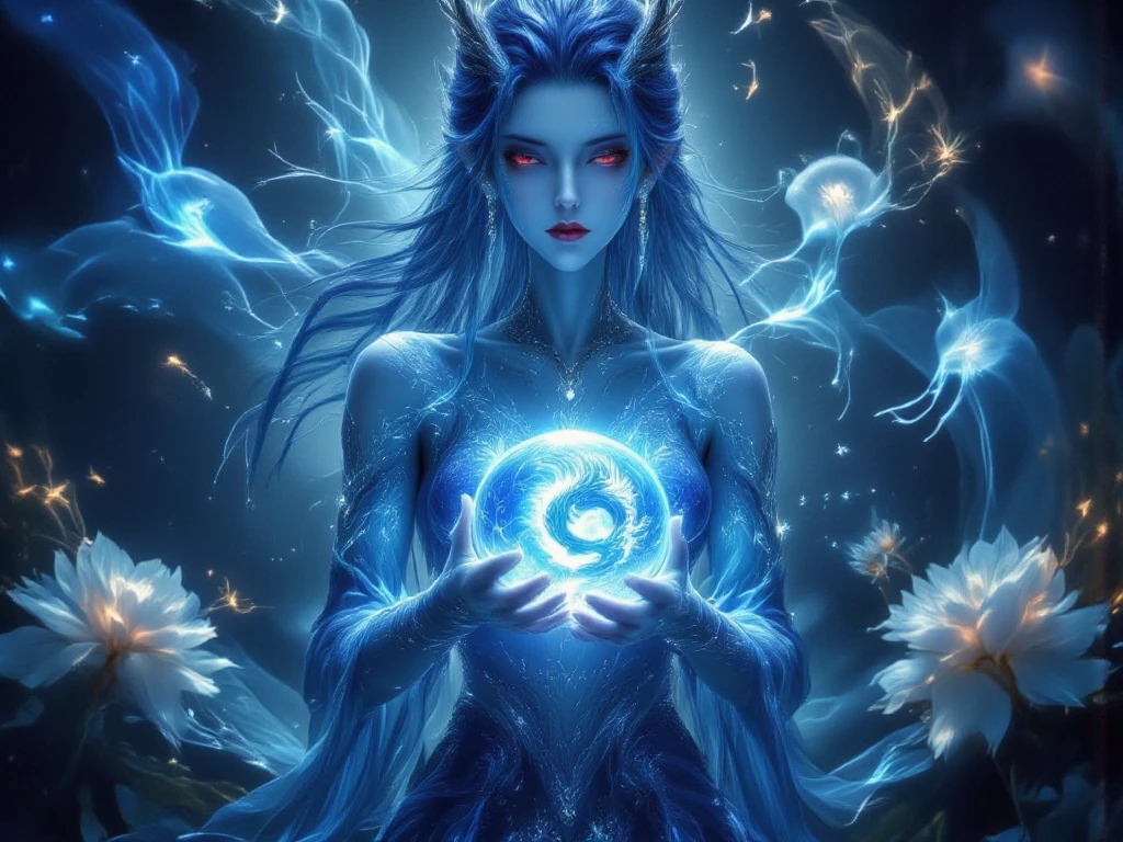 very beautiful woman, very detailed face, beautiful BLUE eyes,( perfect symmetry:: 1.3),meditating, glowing light coming out of hands, fantasy environment, intricate tree branches coming out of woman's head, glowing particles around, hd image, 8k, legs crossed, ultra realístico, ultra HD, --auto --s2