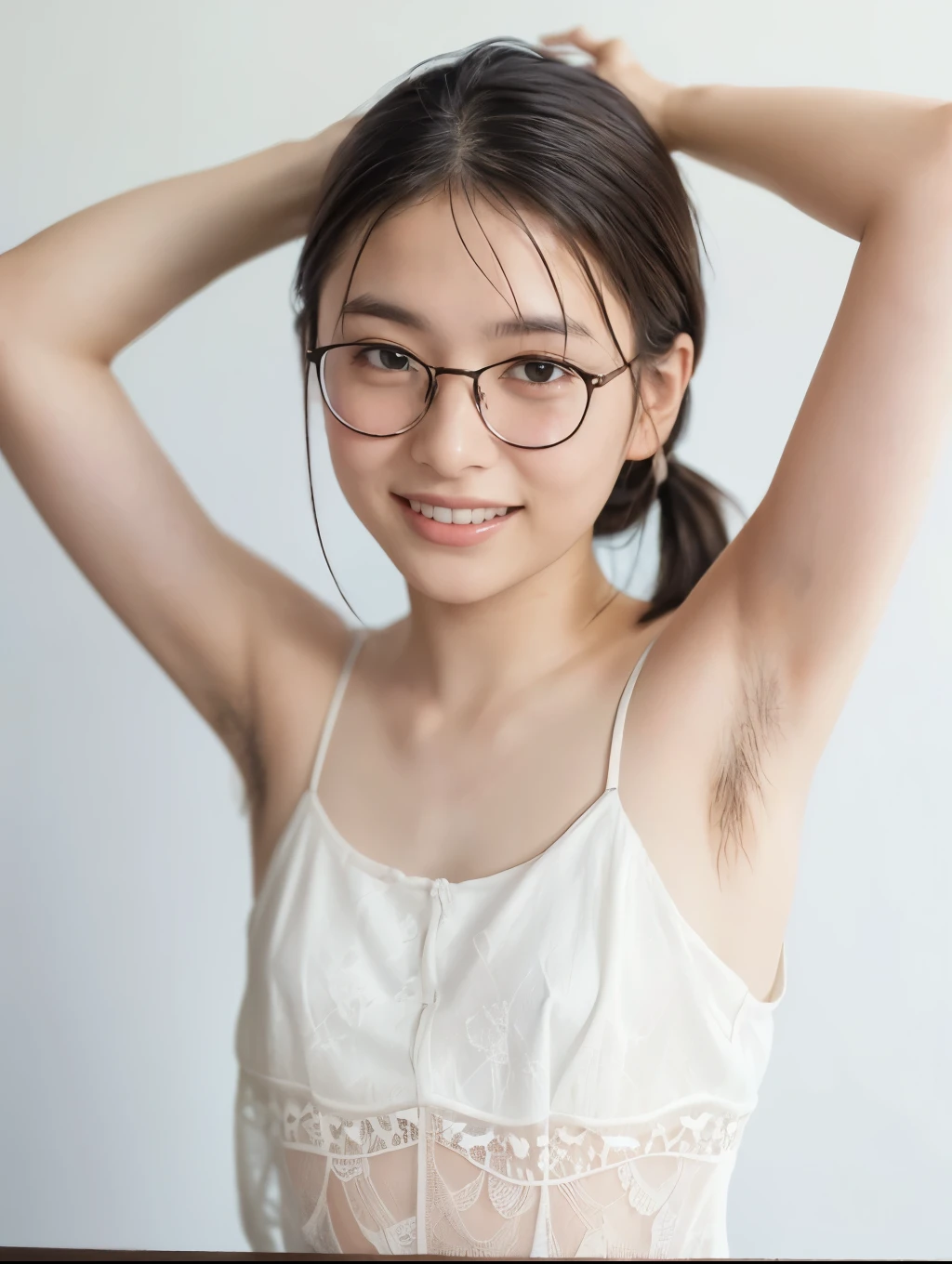 1girl, portrait, (glasses Japanese girl, hands behind head, hairy armpit exposed), (hairy armpits, armpit hair:1.4), ((white camisole dress, lace)), skinny body, (flat chest:1.3), sweaty pale skin:1.2, (glasses, glossy cod lips:1.2, smile, blush), white wall, studio lighting, looking at viewer, Realistic, (real picture, Intricate details), natural skin texture:1.5