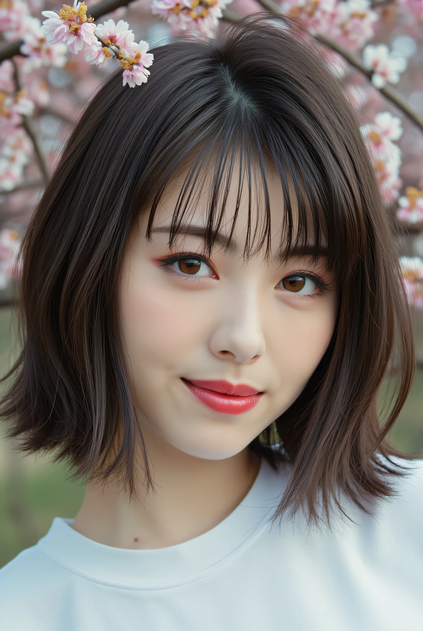 hamabe, (medium full shot), beautiful Asian girl with dark eyeshadow and eyeliner, red lips, shoulder-length hair, bangs, wearing white shirt, studio lighting, dslr, soft lighting, high quality, film grain, light reflections, blood vessels, pale skin, skin pores,blood vessels in sclera, detailed skin, beauty spots, skin fuzz, The background is blurred, but it appears to be a tree with pink and white flowers. The overall mood of the image is peaceful and serene.