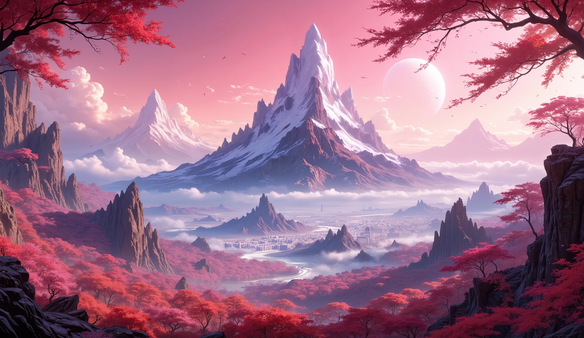 A digital painting, illustration of a fantasy mountain, a fantasy forest full of cherry blossom petals, a beautiful city, Pink sky, Iridescent, A planet in the sky , beautiful stars:: , pastel black and red palette, focus on the mountain , detailed city , The awe-inspiring planet , Beautiful cherry blossoms , hyper detailed , sharp attention to detail , perspective, superb minimalism , 32k