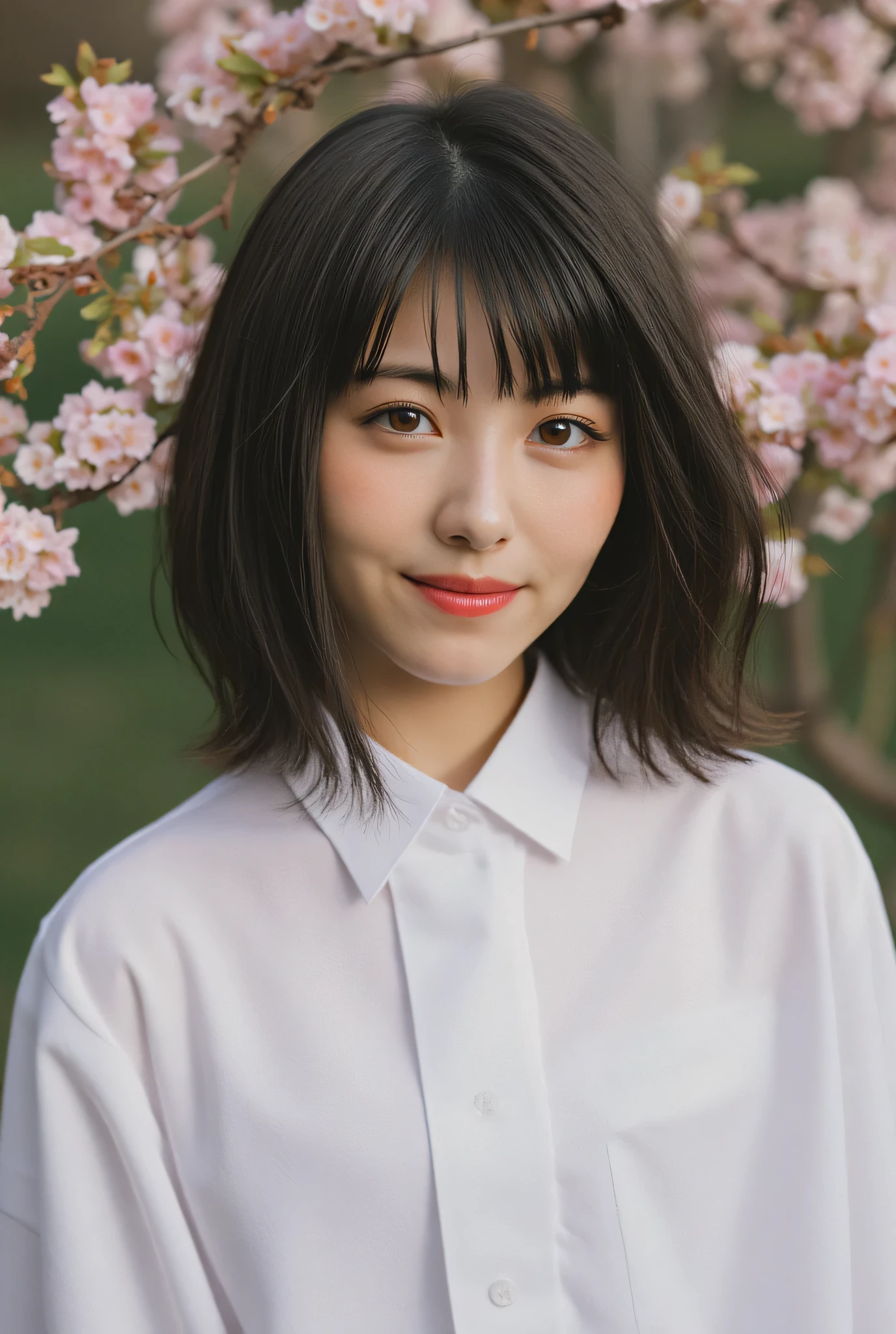 hamabe, (medium full shot), beautiful Asian girl with dark eyeshadow and eyeliner, red lips, shoulder-length hair, bangs, wearing white shirt, studio lighting, dslr, soft lighting, high quality, film grain, light reflections, blood vessels, pale skin, skin pores,blood vessels in sclera, detailed skin, beauty spots, skin fuzz, The background is blurred, but it appears to be a tree with pink and white flowers. The overall mood of the image is peaceful and serene.front