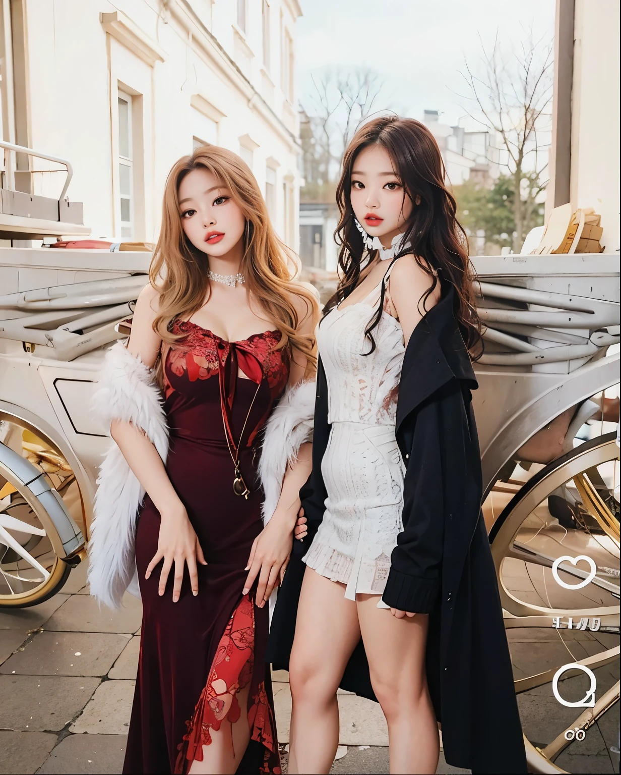 high resolution, best quality, Original Photography, Super Detail, (Delicate face), (Delicate eyes) ，blonde，In spaceship, Two people standing，Korean female star，fashion model，trial，intricate spacesuit，Glamorous_Full set of clothing, flow_skirt, Long legs，elegant_Jewelry, complex_decorate, Two people are fighting