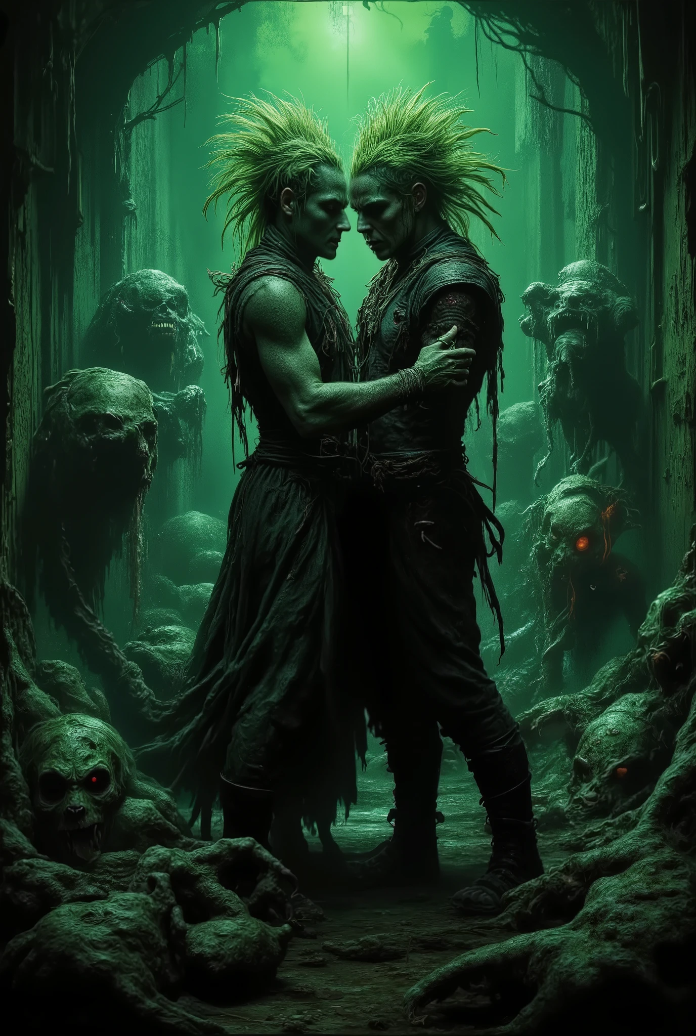 A dark fantasy artwork depicting a passionate couple deeply in love, dancing intensely in a post-apocalyptic setting. They both have striking green mohawks, embodying a punk aesthetic mixed with horror elements. The scene is filled with wrath, resentment, and rage, creating an eerie and intense atmosphere. Epic creatures lurk in the shadows, adding to the surreal and haunting ambiance. The lovers’ embrace is both fierce and tender, symbolizing dark love in a world of chaos. The lighting is dramatic, casting deep shadows and highlighting their rebellious, devoted expressions.