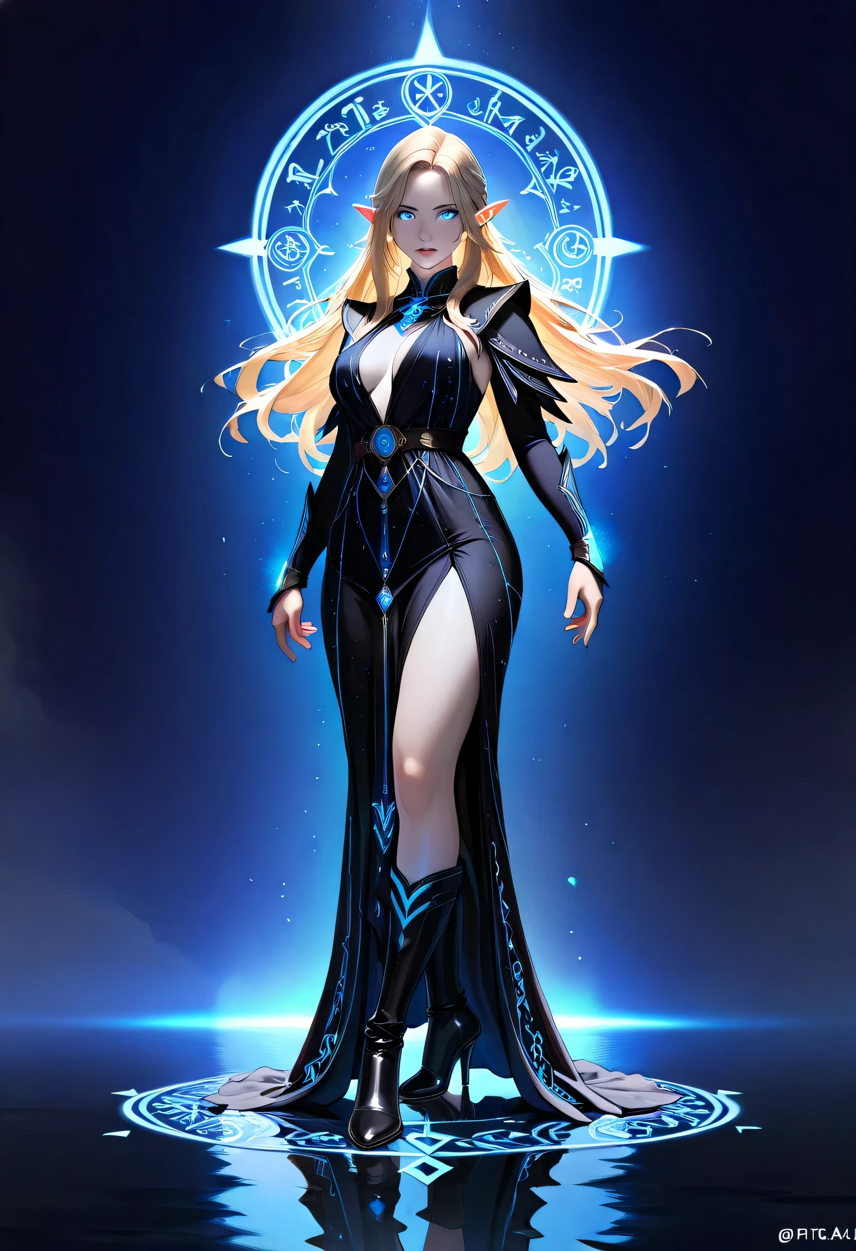 dark fantasy art, a picture of a fantasy, beautiful female elf, best detailed face,  pale skin, (blond: 1.2) hair, glowing eyes, blue eyes, wearing black dress, silk dress, wearing high heel boots, elegant boots, intricate dress, reflection light, it is night time, the moon is in the sky, a sense awe, might, magical runes. full body shot,  high details, best quality, 16k, [ultra detailed], masterpiece, best quality, (extremely detailed), close up, ultra wide shot, photorealistic, RAW, fantasy art, dnd art, fantasy art, realistic art,((best quality)), ((masterpiece)), (detailed), perfect face, fantasy, Glowing Runes