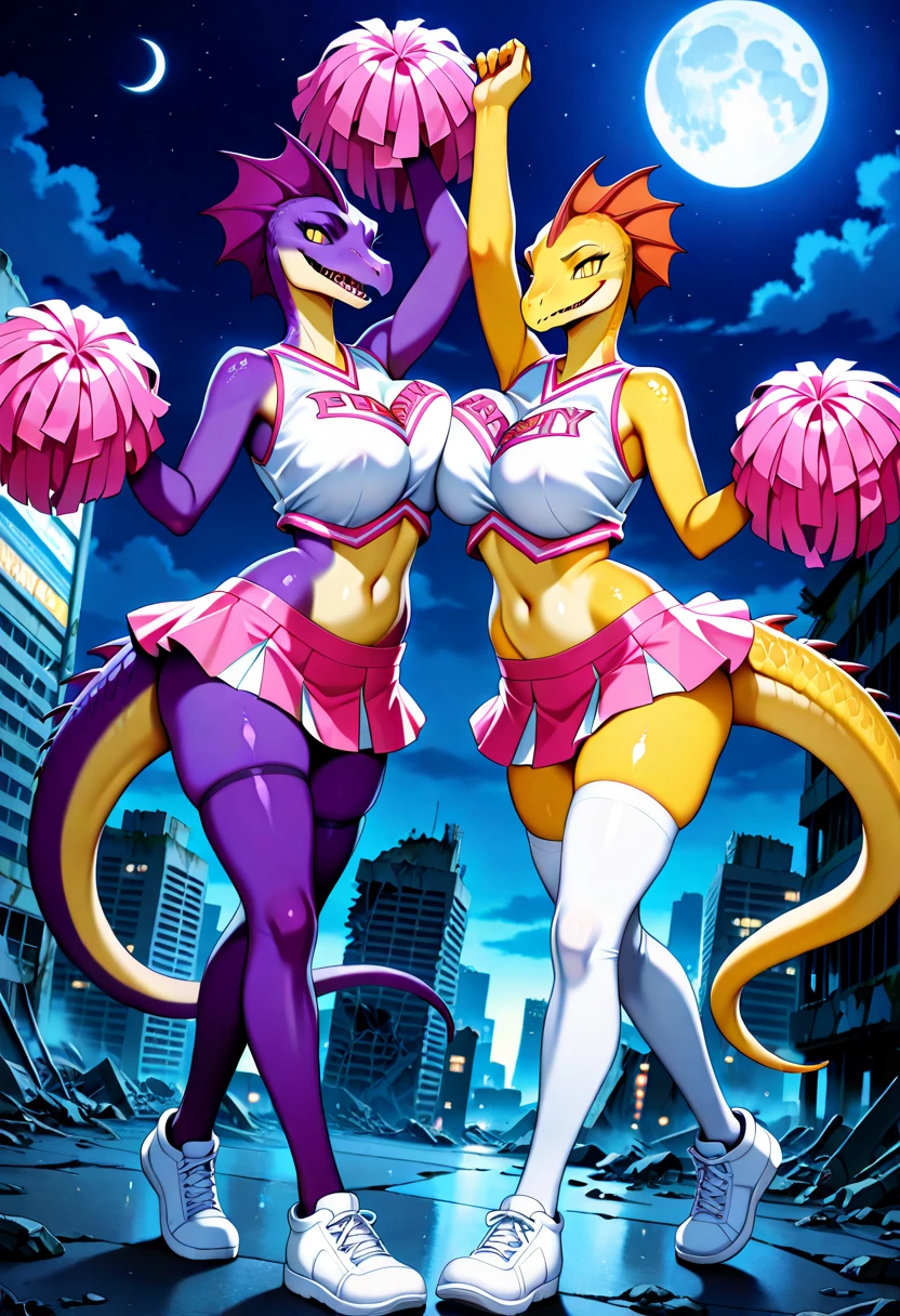 best quality, (anime style:1.3),(2girl,duo:1.2) , female, duo, twins, siblings, anthro raptor, raptor, reptilian face, reptile, dinosaur, scalie, monster girl, no human, thin body, yellow scales, purple body, two-tone skin, two-tone tail, purple and yellow tail, yellow-eyes, slit pupils, sexy, big large breasts, hidden breasts, natural breasts, clothed, cheerleader outfit, white sleeveless top, pink skirt, white boxer, white thigh highs, white shoes, pink headress, tail, 5 fingers, thin hips, evil smile, night sky, post-apocalypse, crumbling city on background, late night, moon, three-quarter view, BREAK cowboy_shot, dynamic angle, dancing,