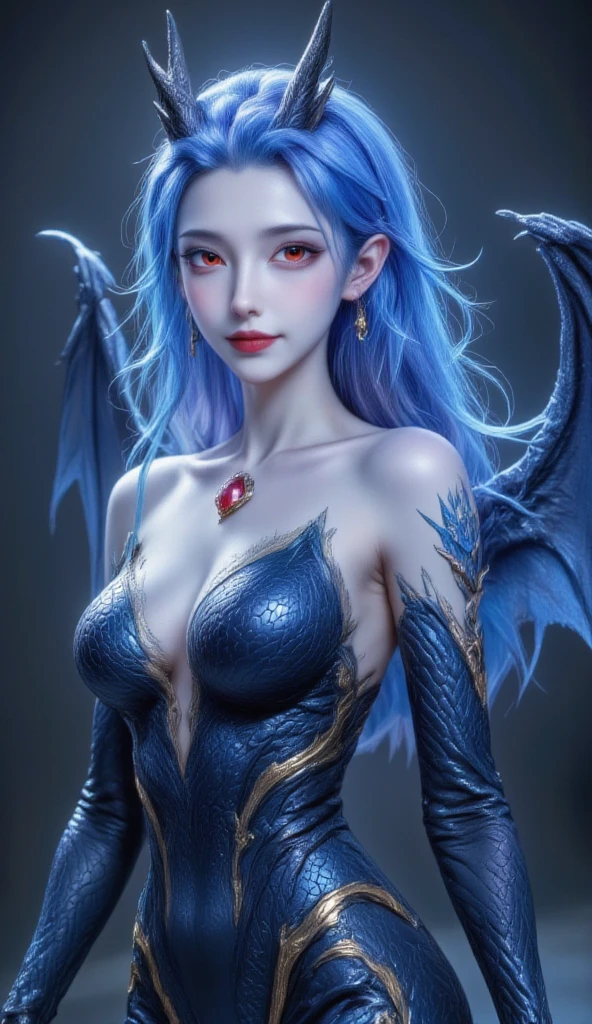 1girl, flat chest, puffy nipples, areolae, linea alba, hips, dragon girl, dragon horns, dragon wings, dragon tail, scales, (blue violet hair, buzz cut, messy hair:1.2), (dark late gray eyes:1.2), 
BREAK, 
bikini armor, pasties, knees to chest, Cave, magical, cavernous, crystals, mysterious passages, dripping streams, bioluminescent fungus, sparkling minerals, mythical atmosphere, adventure vibe, otherworldly ambiance, darkness, <lora:bikini-pastie-armor:0.7>