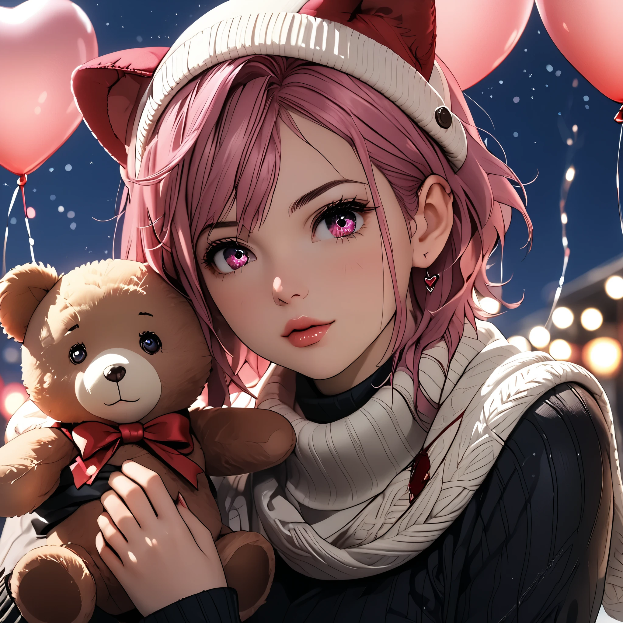 (beautiful girl:1.3),1girl,masterpiece,Highest quality,Ultra-high resolution,rich contrast,super high quality,8k,Highly detailed CG unit wallpaper,texture,Incredibly absurd,Ultra-high resolution,Highest quality anime,professional photograph,an extremely delicate and beautiful,RAW Photos,Depth of Field 1.2,ultra-detailed eyes,Glitter Effect,Beautiful glossy lips, 25years old, gorgeous legs, noise perfect, gorgeous ass, dynamic pose, sensual woman, seductive woman, mature woman, Milf, maternal, shy look, full body, (type of photo: medium shot, portraying the person from head to waist), aira shiratori, short hair, bangs, hair between eyes, pink hair, pink eyes, medium breasts, anime screencap, medium shot, Setting: A fair with neon lights, She is holding a teddy bear with a red bow and several heart balloons float around her. Her eyes reflect love and sweetness, Outfit: An oversized burgundy sweater with a turtleneck, leather leggings and tall black boots. Accessories: Wool gloves, a scarf in pink tones and a knitted hat with a pompom. Hair and makeup: natural makeup with a little highlighter and raspberry lips. in a cafeteria decorated with garlands of hearts,