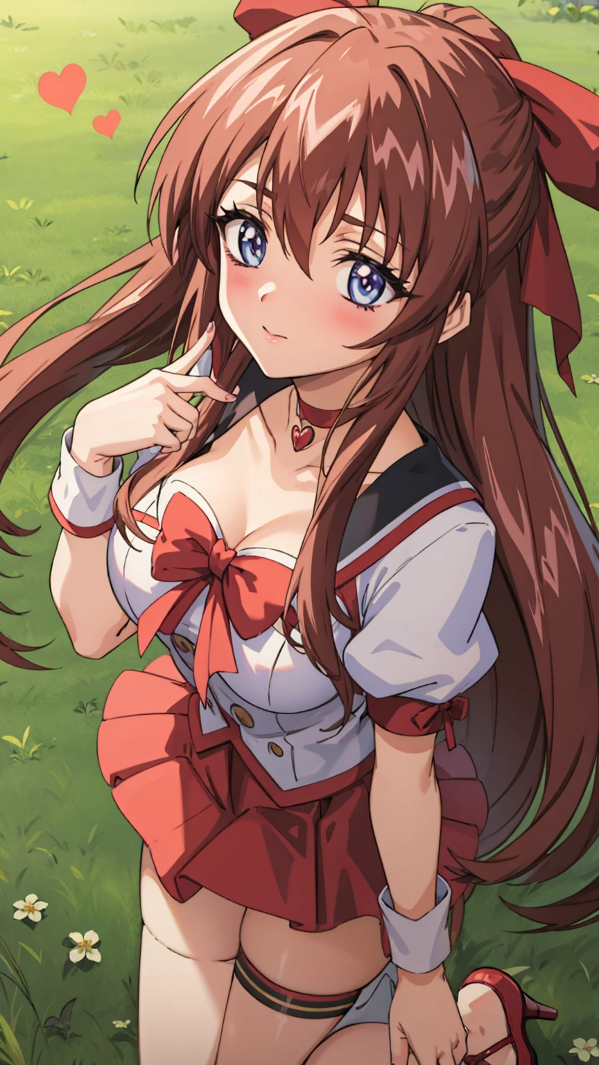 (anime art, Anime Style, studio anime, Very detailed, up to date, Vibrant, Anime Coloring Book, High contrast, masterpiece:1.2, Best Quality, Best aesthetics), (Beautifully detailed eyes:1.2), aoikan, hair ribbon, One girl, Attractive anime girl, Beautiful Anime Girls,Detailed face,,Long eyelashes,Beautiful long legs, Brown Hair, cute, blush, BREAK Momoko_Hanasaki, jewelry, hair ribbon, shoes, choker, miniskirt, high heels, red skirt, magical girl, red thighlet, heart brooch,Bare legs,Large Middle Chest,Accentuate your breasts, Beautiful grassland outdoors, (close-up face:1.3, Dynamic Angle), (Accurate fingertips, Views 4, ),