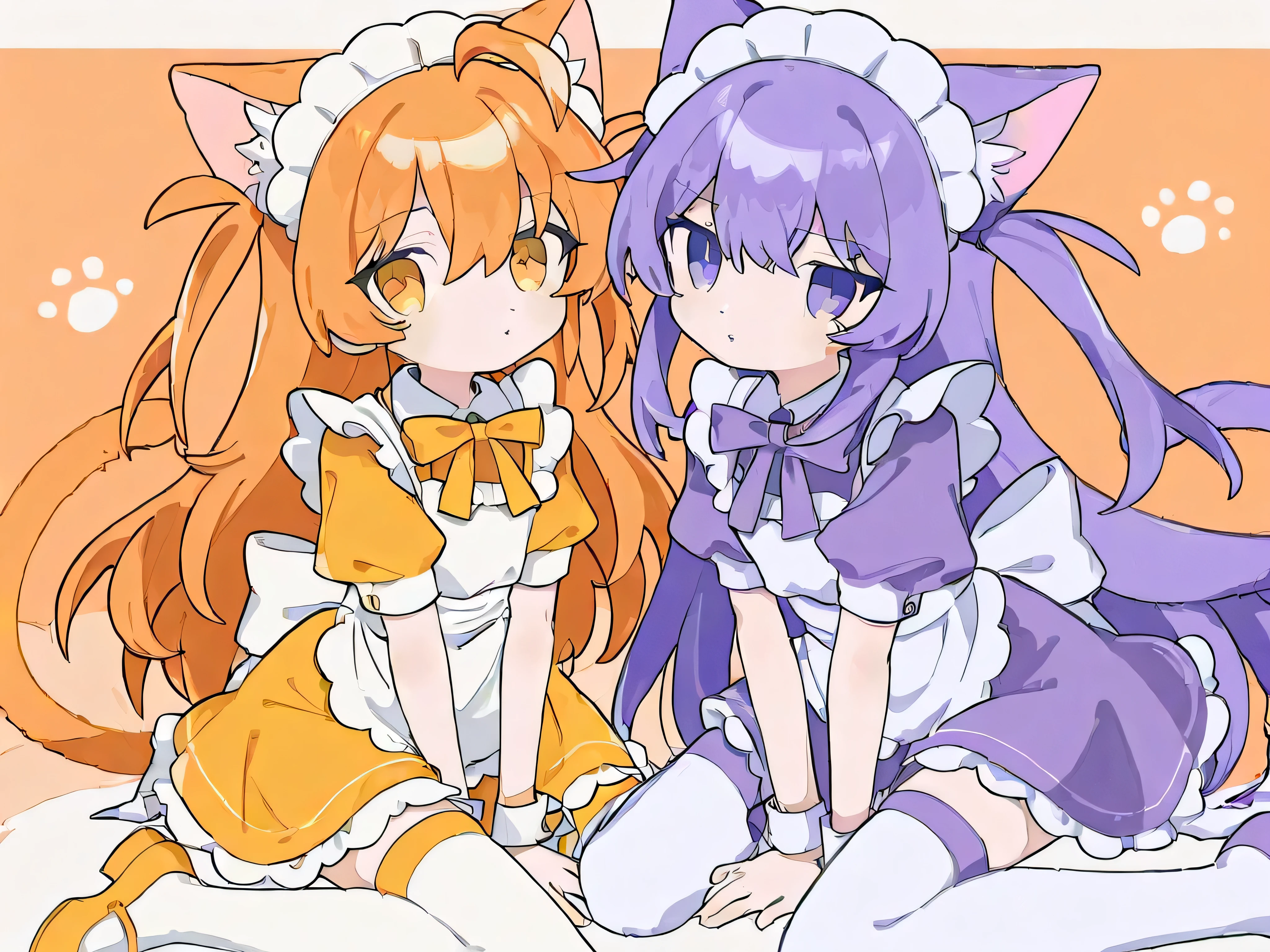 two cat girls with ears and tails. They're sitting next to each other. Both have long hair, are very short, and have a pretty. One has yellow-orange hair, yellow-orange eyes, and a yellow-orange maid costume with stockings. The other has purple hair, purple eyes, and a purple maid costume with stockings.