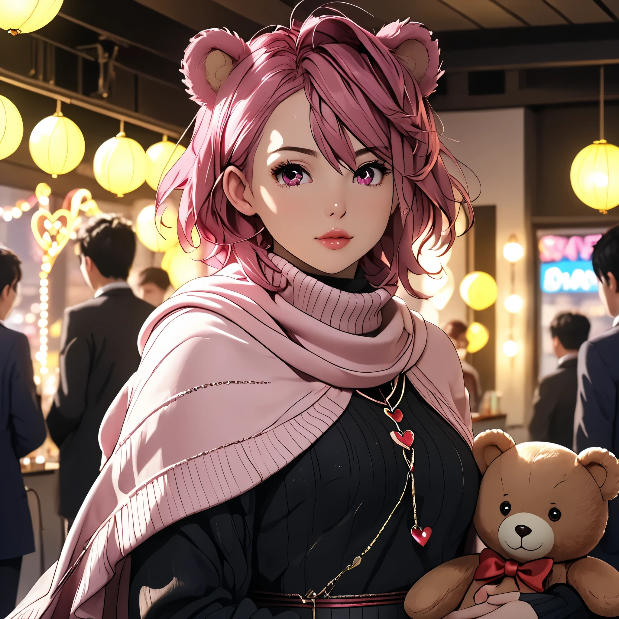 (beautiful girl:1.3),1girl,masterpiece,Highest quality,Ultra-high resolution,rich contrast,super high quality,8k,Highly detailed CG unit wallpaper,texture,Incredibly absurd,Ultra-high resolution,Highest quality anime,professional photograph,an extremely delicate and beautiful,RAW Photos,Depth of Field 1.2,ultra-detailed eyes,Glitter Effect,Beautiful glossy lips, 25years old, gorgeous legs, noise perfect, gorgeous ass, dynamic pose, sensual woman, seductive woman, mature woman, Milf, maternal, shy look, full body, (type of photo: medium shot, portraying the person from head to waist), aira shiratori, short hair, bangs, hair between eyes, pink hair, pink eyes, medium breasts, anime screencap, medium shot, Setting: A fair with neon lights, She is holding a teddy bear with a red bow and several heart balloons float around her. Her eyes reflect love and sweetness, Outfit: An oversized burgundy sweater with a turtleneck, leather leggings and tall black boots. Accessories: Wool gloves, a scarf in pink tones and a knitted hat with a pompom. Hair and makeup: natural makeup with a little highlighter and raspberry lips. in a cafeteria decorated with garlands of hearts,