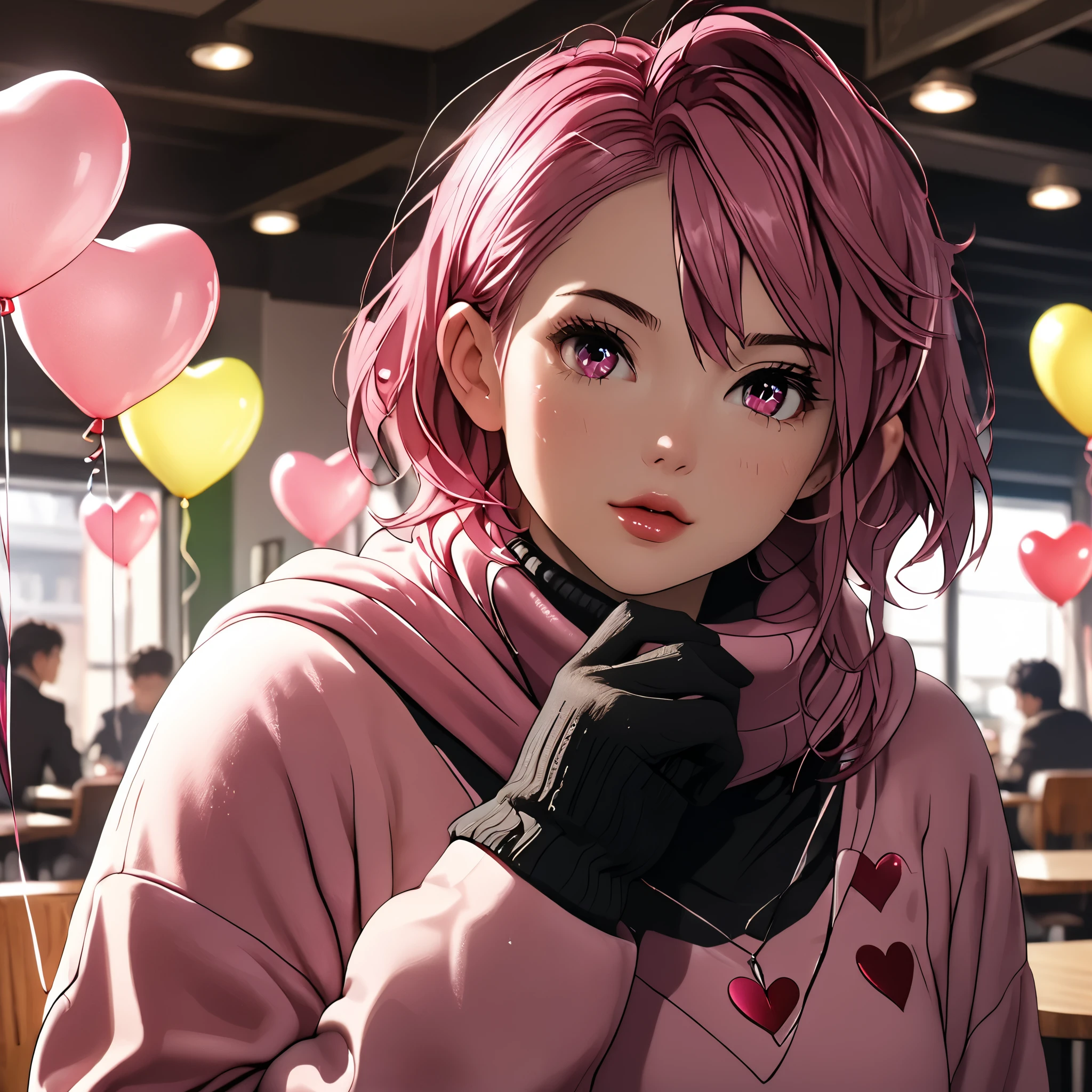 (beautiful girl:1.3),1girl,masterpiece,Highest quality,Ultra-high resolution,rich contrast,super high quality,8k,Highly detailed CG unit wallpaper,texture,Incredibly absurd,Ultra-high resolution,Highest quality anime,professional photograph,an extremely delicate and beautiful,RAW Photos,Depth of Field 1.2,ultra-detailed eyes,Glitter Effect,Beautiful glossy lips, 25years old, gorgeous legs, noise perfect, gorgeous ass, dynamic pose, sensual woman, seductive woman, mature woman, Milf, maternal, shy look, full body, (type of photo: medium shot, portraying the person from head to waist), aira shiratori, short hair, bangs, hair between eyes, pink hair, pink eyes, medium breasts, anime screencap, medium shot, Setting: A fair with neon lights, She is holding a teddy bear with a red bow and several heart balloons float around her. Her eyes reflect love and sweetness, Outfit: An oversized burgundy sweater with a turtleneck, leather leggings and tall black boots. Accessories: Wool gloves, a scarf in pink tones and a knitted hat with a pompom. Hair and makeup: natural makeup with a little highlighter and raspberry lips. in a cafeteria decorated with garlands of hearts, 