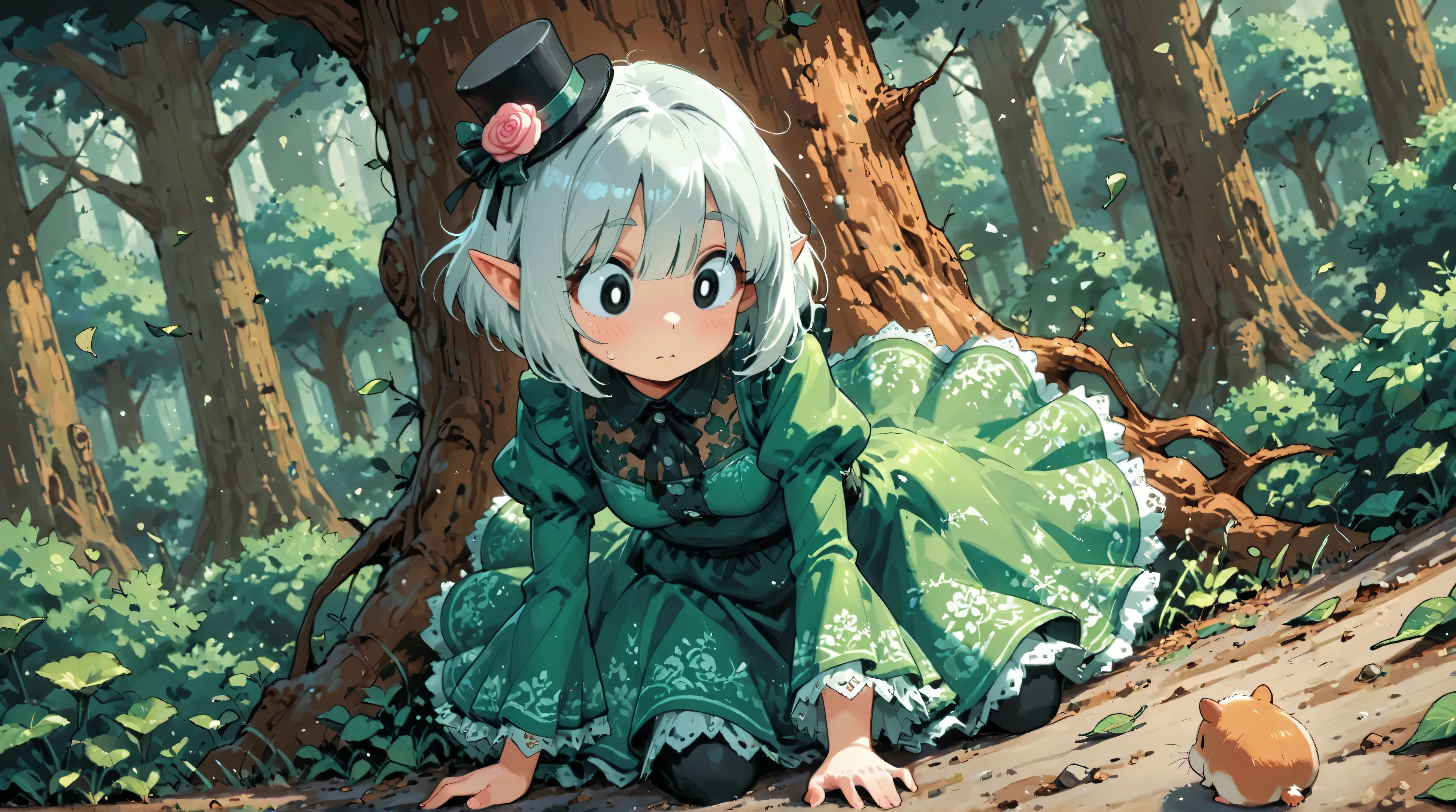 score_9, score_8_up, score_7_up, UHD, Masterpiece, amazing quality, very aesthetic, absurdres, ultra-detailed, 1girl\solo\(hamuko-chan, elf, silver bob cut,  mini hat\pink rose\lace, Intricate:1.3\Green leaf dress\frill, lace), (magic\wind & light & flower magic:1.3, smile),  stand on the leaves of the world tree, BREAK, (Cute animal hamster\animal, Djungarian, round eyes, fluffy fur), BREAK, BREAK, BREAK, huge world tree:1.2, dynamic angle:1.5, panorama:1.2, cinematic:1.3