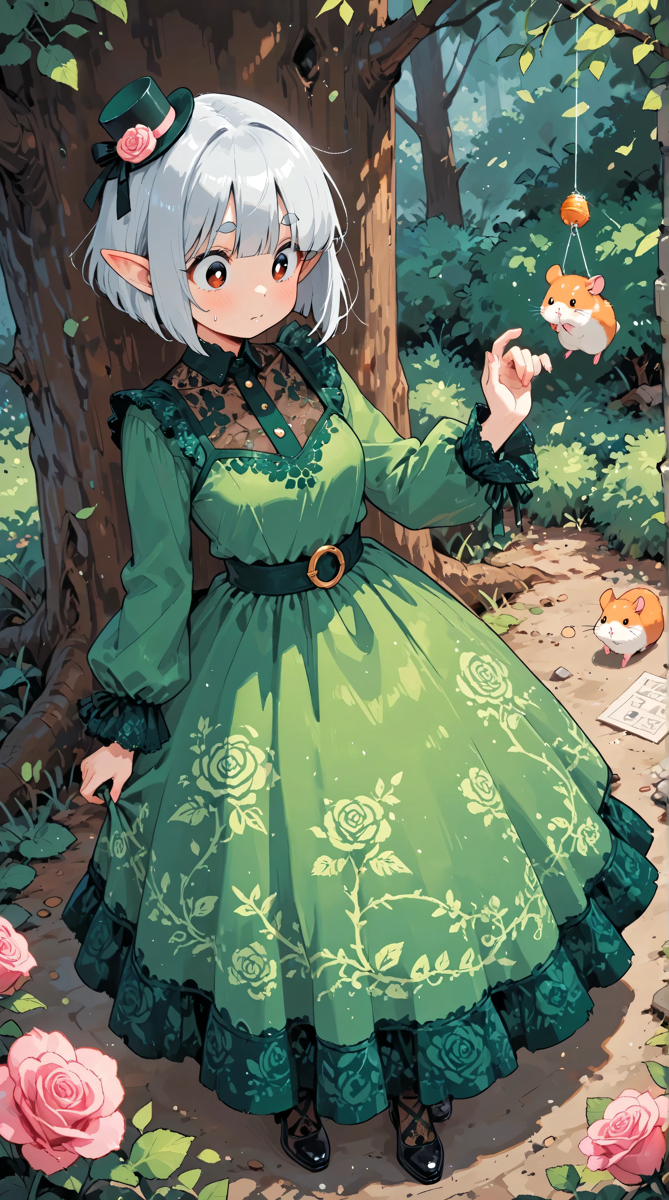 score_9, score_8_up, score_7_up, UHD, Masterpiece, amazing quality, very aesthetic, absurdres, ultra-detailed, 1girl\solo\(hamuko-chan, elf, silver bob cut,  mini hat\pink rose\lace, Intricate:1.3\Green leaf dress\frill, lace), (magic\wind & light & flower magic:1.3, smile),  stand on the leaves of the world tree, BREAK, (Cute animal hamster\animal, Djungarian, round eyes, fluffy fur), BREAK, BREAK, BREAK, huge world tree:1.2, dynamic angle:1.5, panorama:1.2, cinematic:1.3