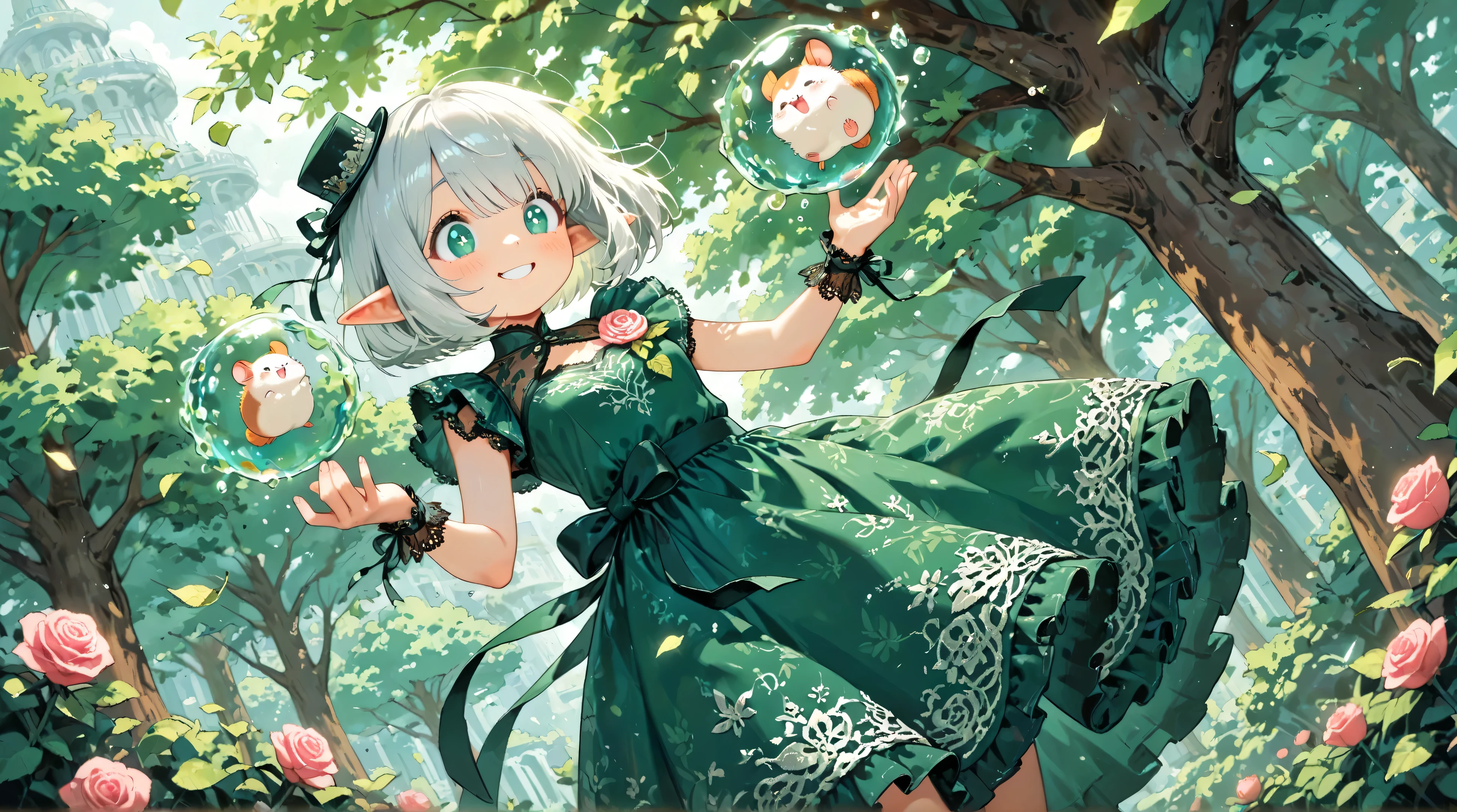 score_9, score_8_up, score_7_up, UHD, Masterpiece, amazing quality, very aesthetic, absurdres, ultra-detailed, 1girl\solo\(hamuko-chan, elf, silver bob cut,  mini hat\pink rose\lace, Intricate:1.3\Green leaf dress\frill, lace), (magic\wind & light & flower magic:1.3, smile),  stand on the leaves of the world tree, BREAK, (Cute animal hamster\animal, Djungarian, round eyes, fluffy fur), BREAK, BREAK, BREAK, huge world tree:1.2, dynamic angle:1.5, panorama:1.2, cinematic:1.3